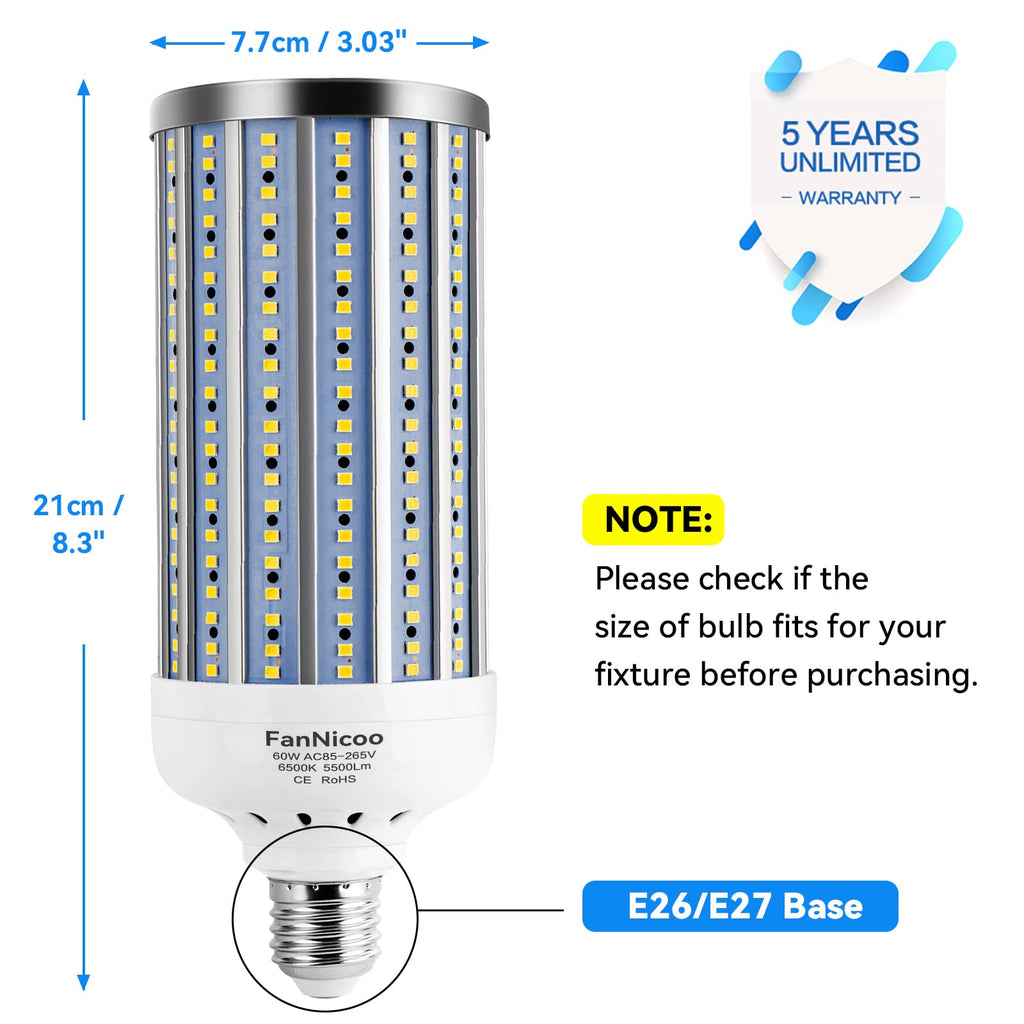 60W LED Light Bulb 500W Equivalent LED Corn Light Bulb 5500Lumen 6500k Cool Daylight White E26/E27 Base Bulb Large
