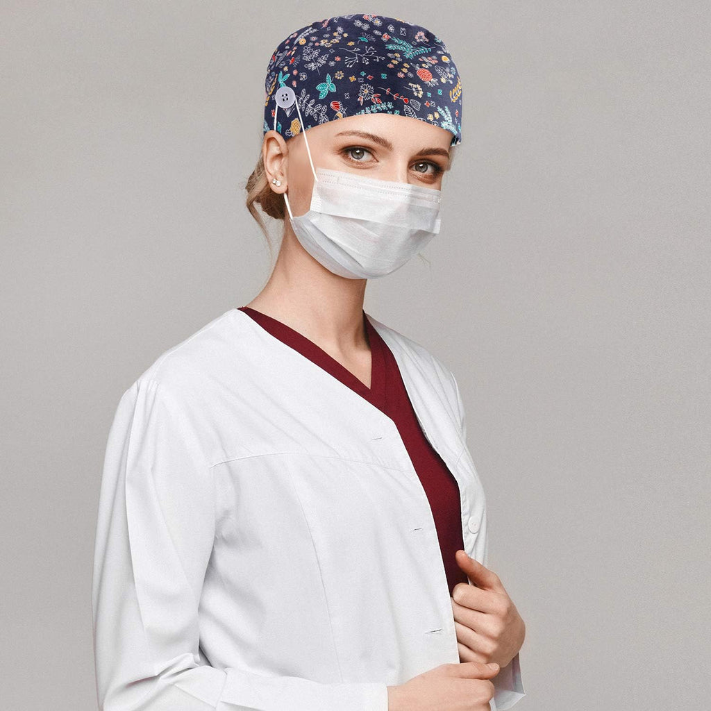 6 Pcs Women Scrub Caps Surgical Nurse Working Hats with Button and Sweatband Adjustable Elastic Nursing Bouffant Caps