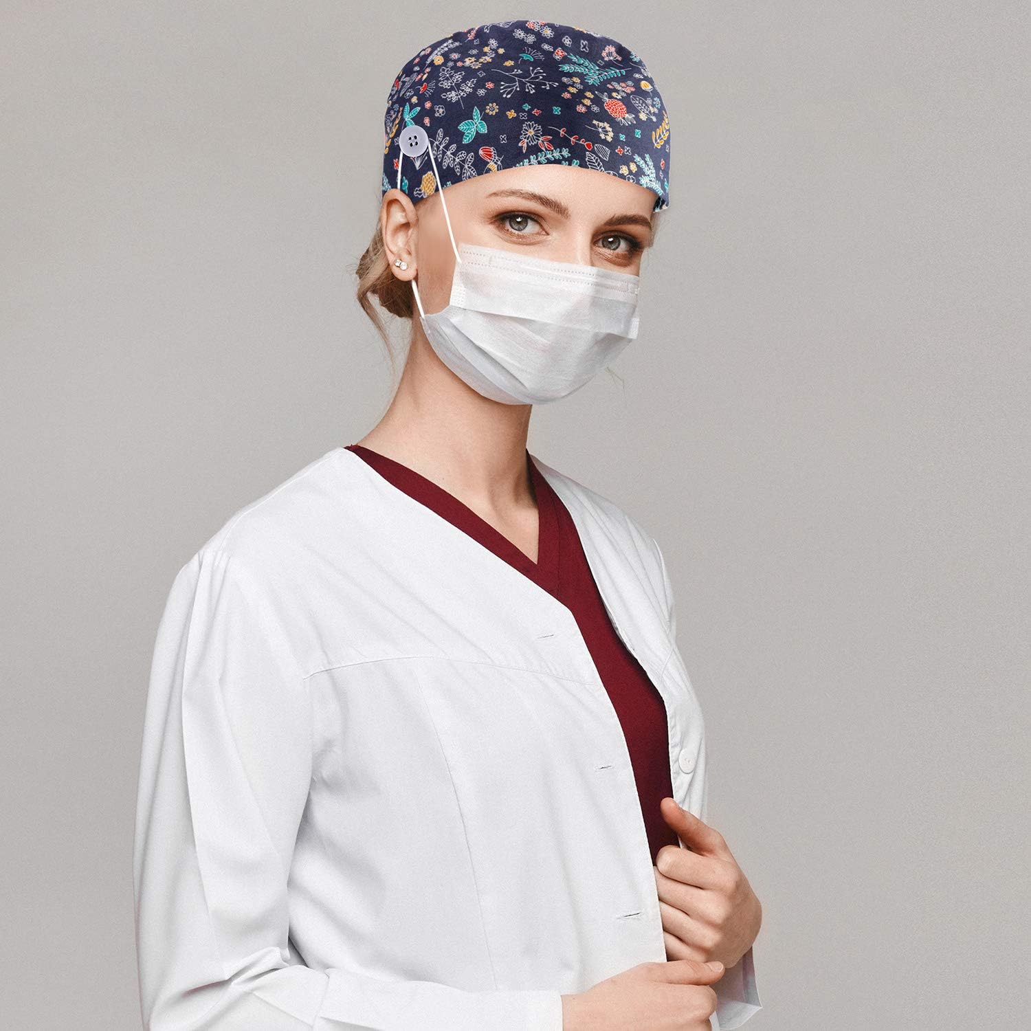 6 Pcs Women Scrub Caps Surgical Nurse Working Hats with Button and Sweatband Adjustable Elastic Nursing Bouffant Caps