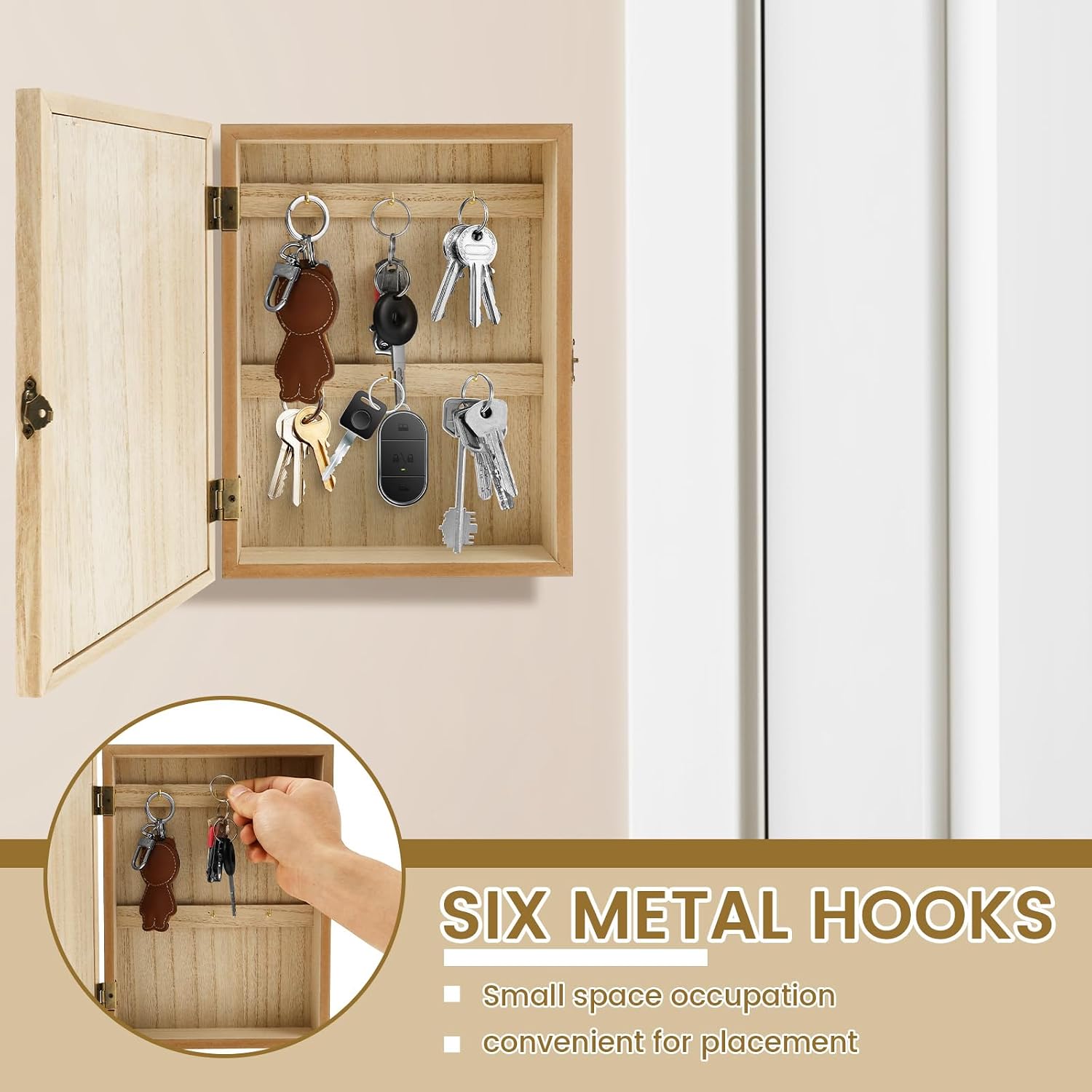 Wooden Key Box, Key Holder Wall Mount Decorative Wooden Key Cabinet Holder with 6 Hooks Rustic Access Card Hanger