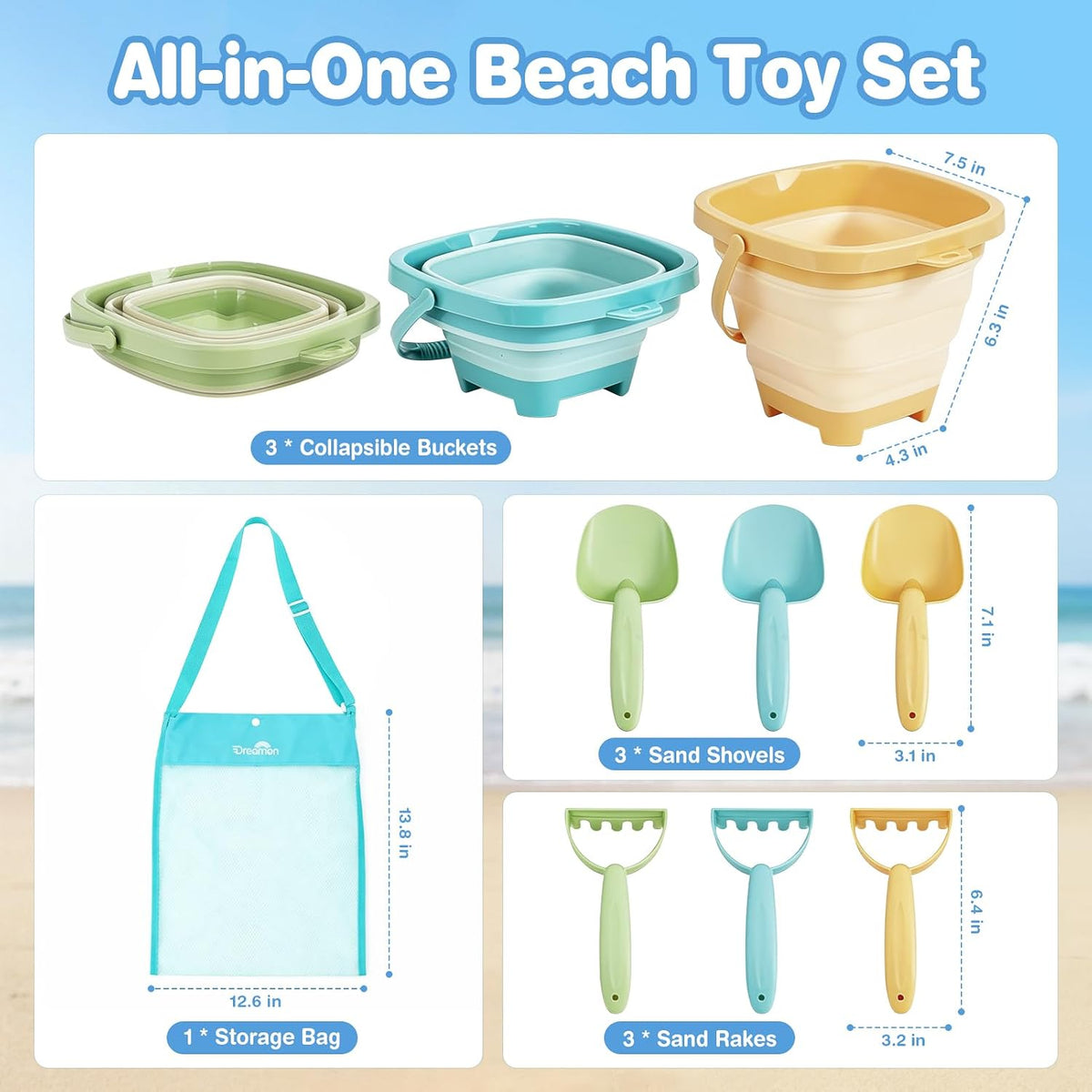 Beach Toys, 3 Pack Collapsible Sand Buckets for Kids, Shovels & Rakes Set with Mesh Bag, Kids Beach Essentials