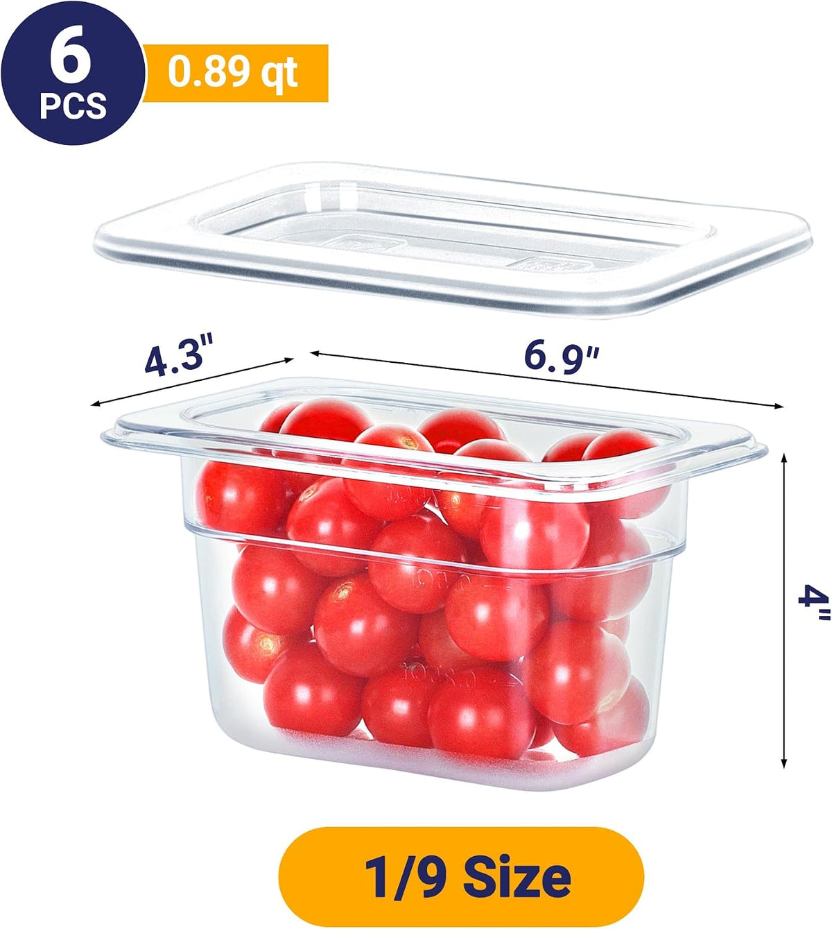 6 Pack 1/9 Size 4" Deep NSF Polycarbonate Food Pans with Lids