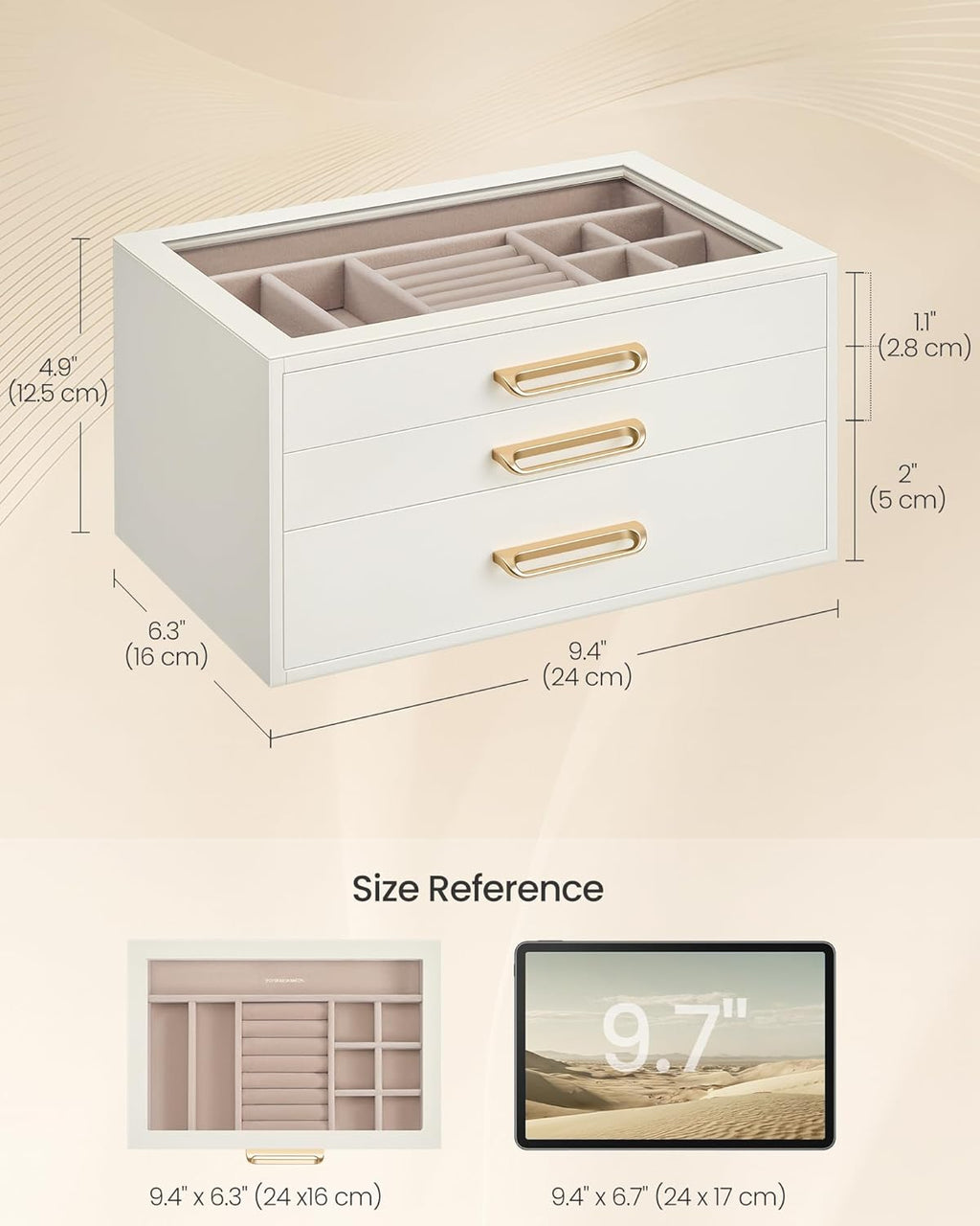 3-Layer Jewelry Box with Glass Window, Jewelry Storage Organizer with 3 Drawers, Golden Handles, for Rings, Earrings