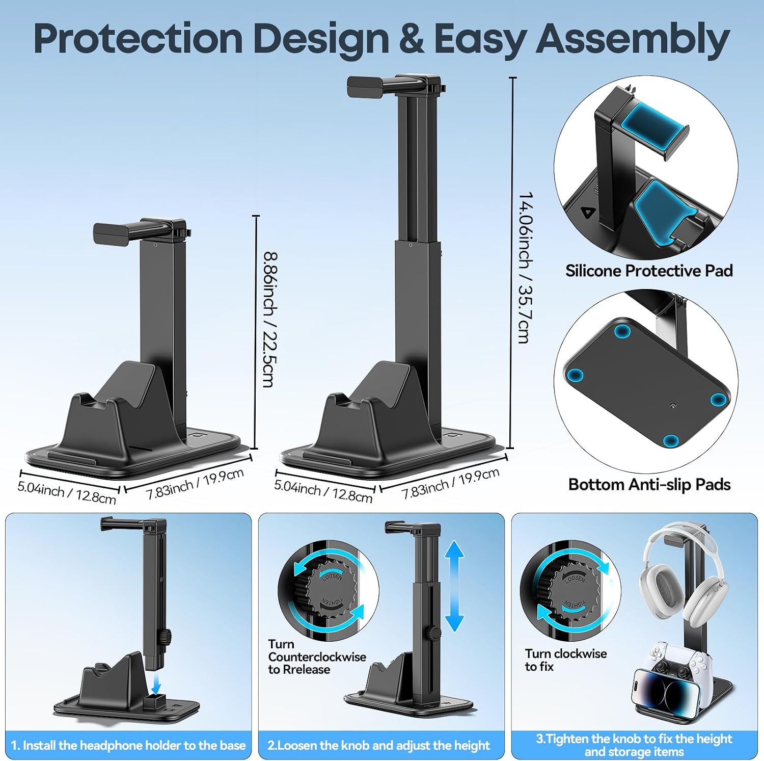 Gaming Headset & Controller Stand, Rotating Headphone Storage with Controller & Phone Holder, Game Desk Storage with