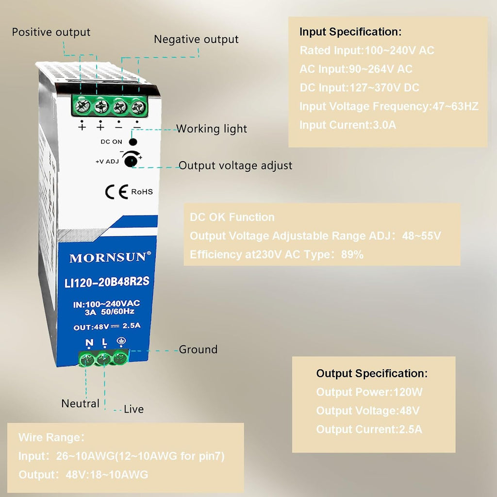 Centopto 120W 48V 2.5A Industrial DIN Rail Power Supply, AC-DC Universal,-20℃~+60℃