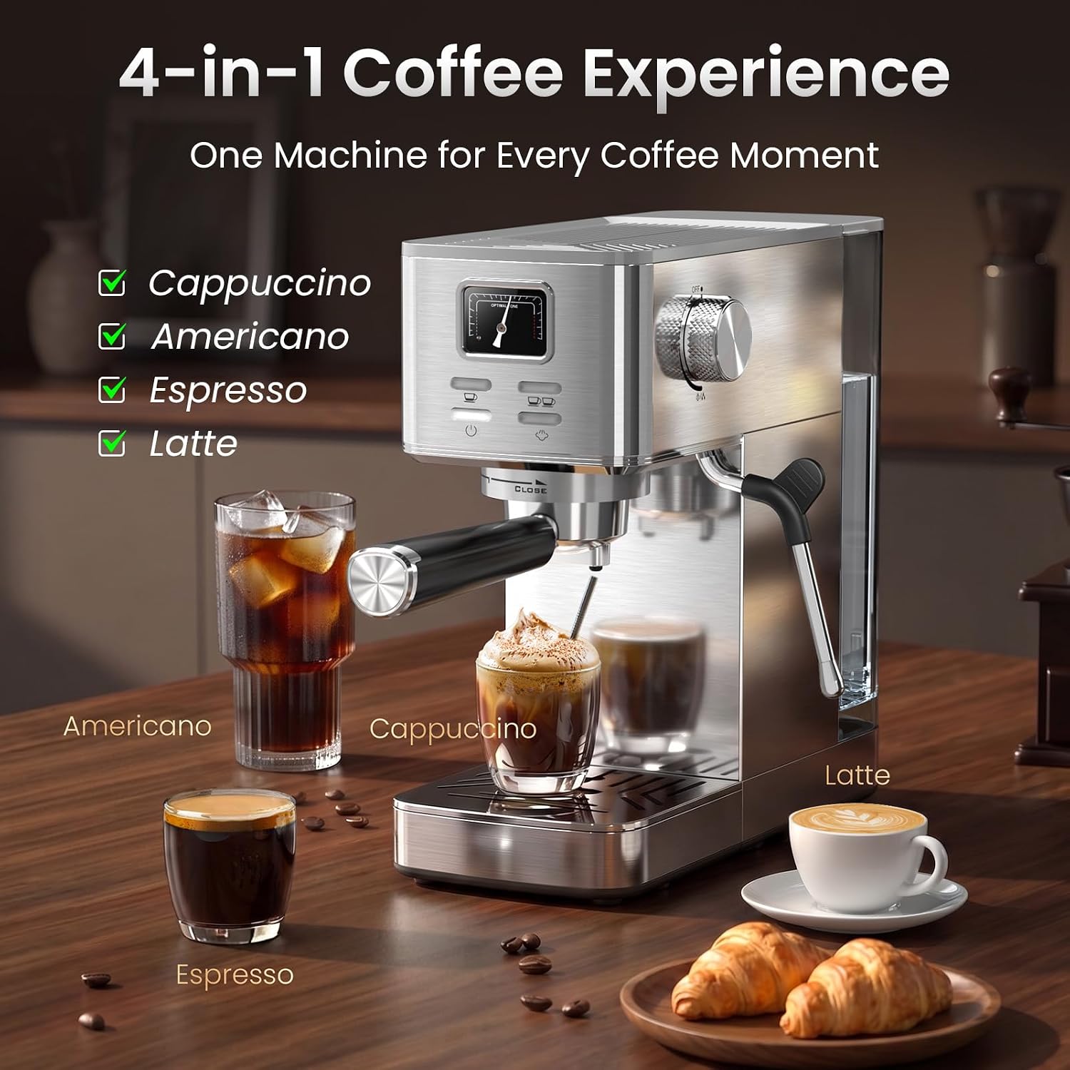 20 Bar Espresso Machine with Pressure Gauge & Steam Frother | Semi-automatic brewing, hot water function, 47 oz