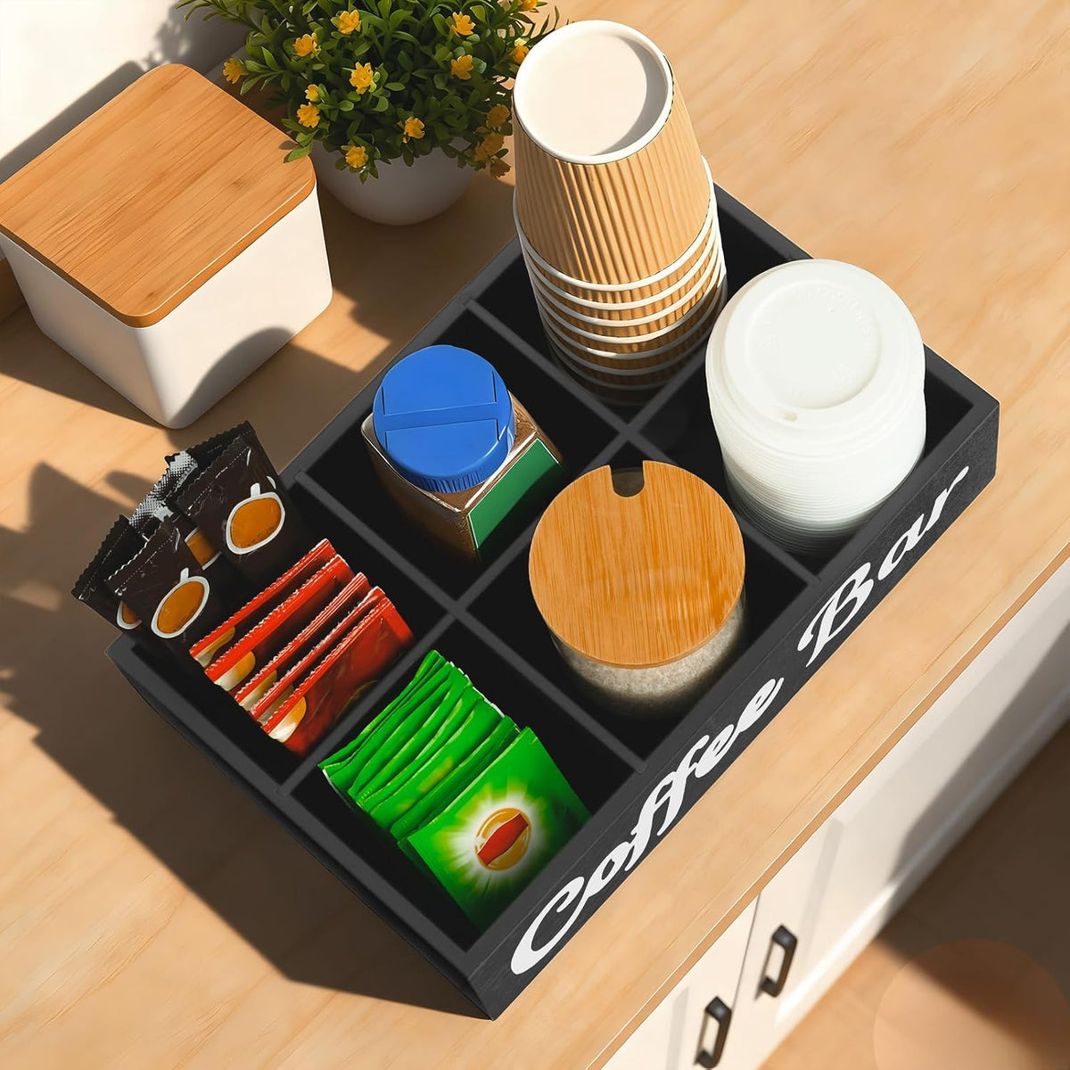 Wood Coffee Station Organizer for Countertop with Removable Dividers