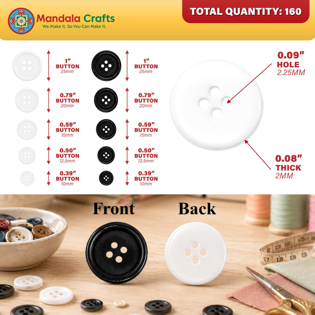Assorted Sizes Black White 4 Holes Sewing Plastic Buttons