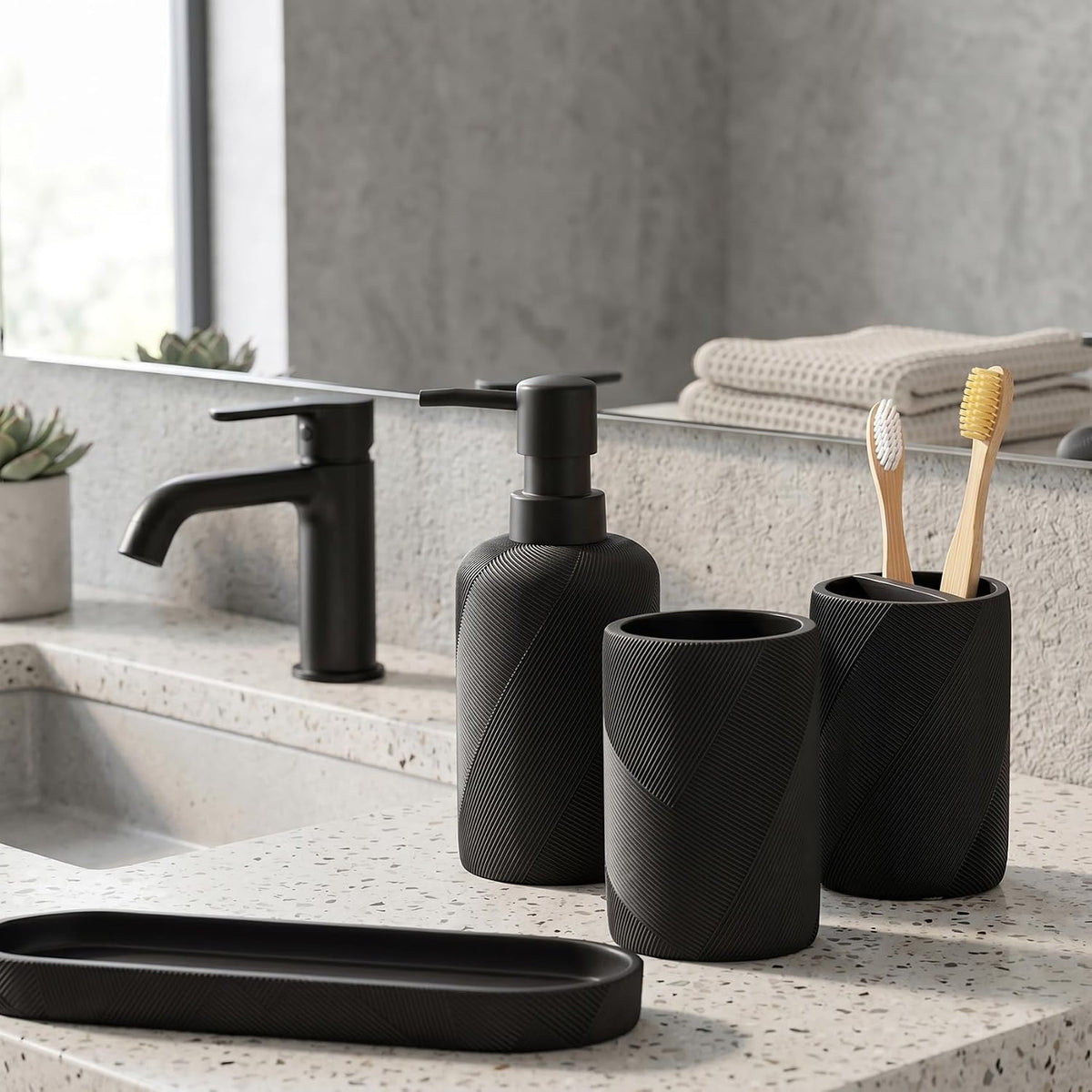 Bathroom Accessories Set, Bathroom Organizer Countertop, Matte Black, 4 PCS | Modern,Simple,Stripe, With 10OZ Soap