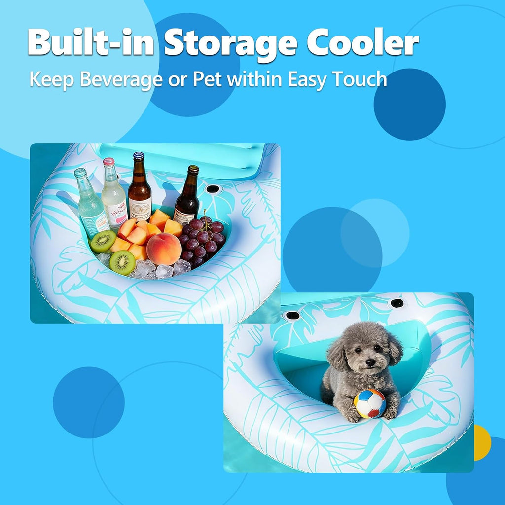 Inflatable Pool Floats Adult, 87"x 47" Large Pool Lounger Float with Storage Cooler for Pets, 2 in 1 Tanning Pool