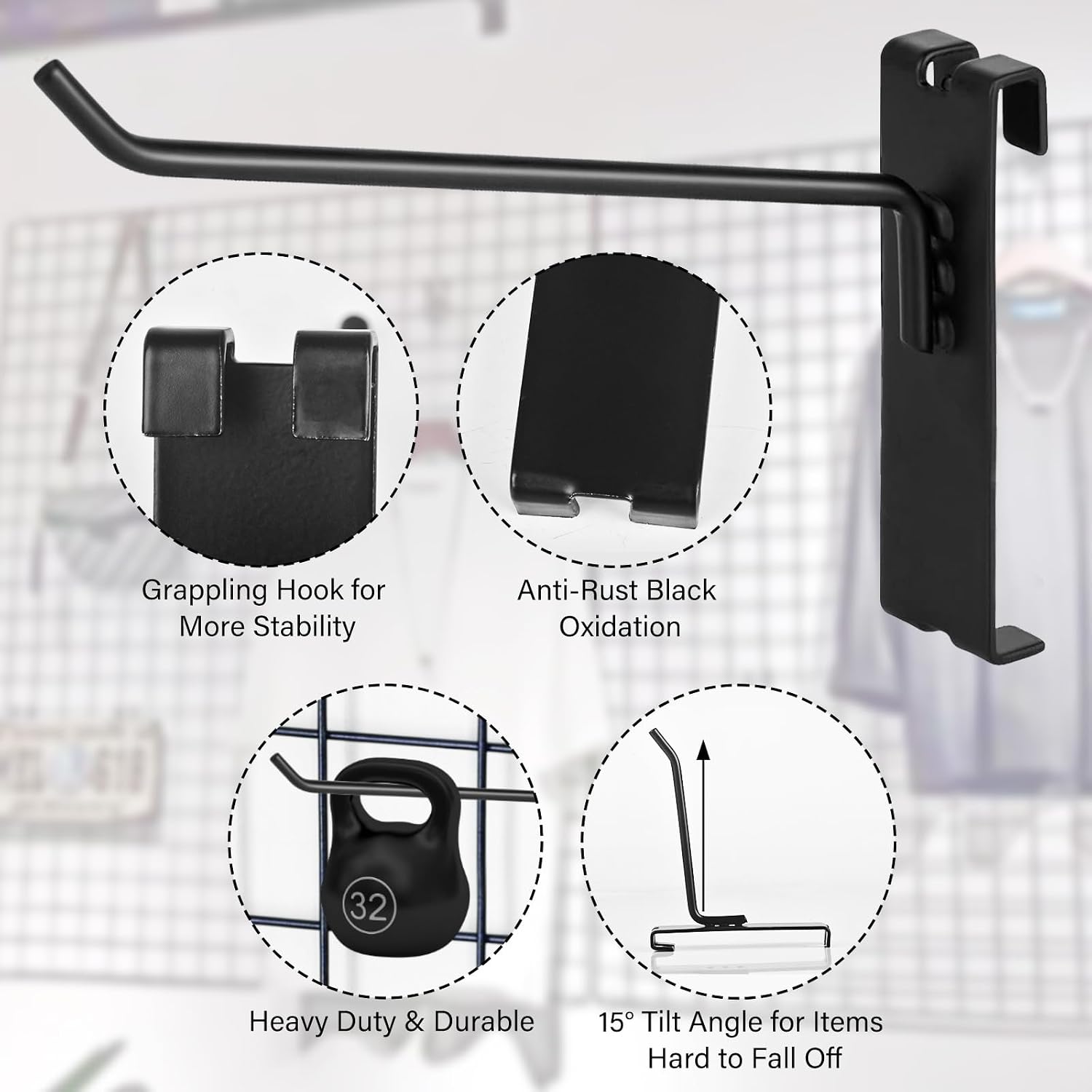Gridwall Hooks - 4 Inch Heavy Duty Black Display Hooks for Grid Wall Panel Hanging (12Pcs)