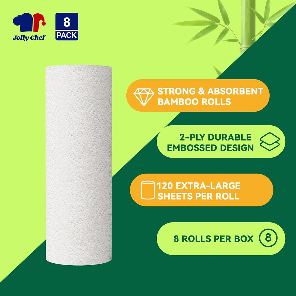 Bamboo Paper Towels, White, 8 Rolls, 2 Ply, 120 Sheets