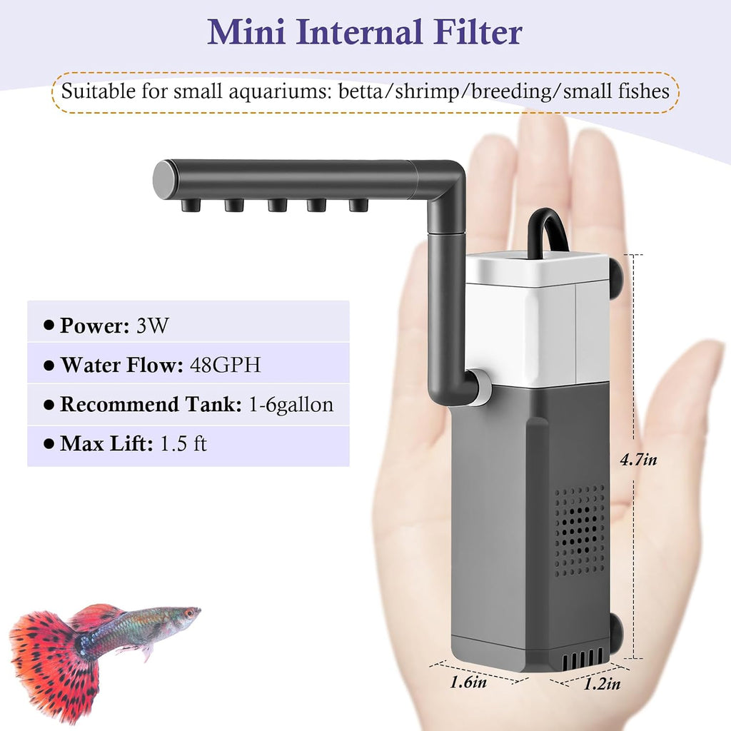 3W Mini Fish Tank Filter, 48GPH Quiet Aquarium Internal Filter 3-in-1 Submersible Fish Tank Filter Pump for 1-6Gal