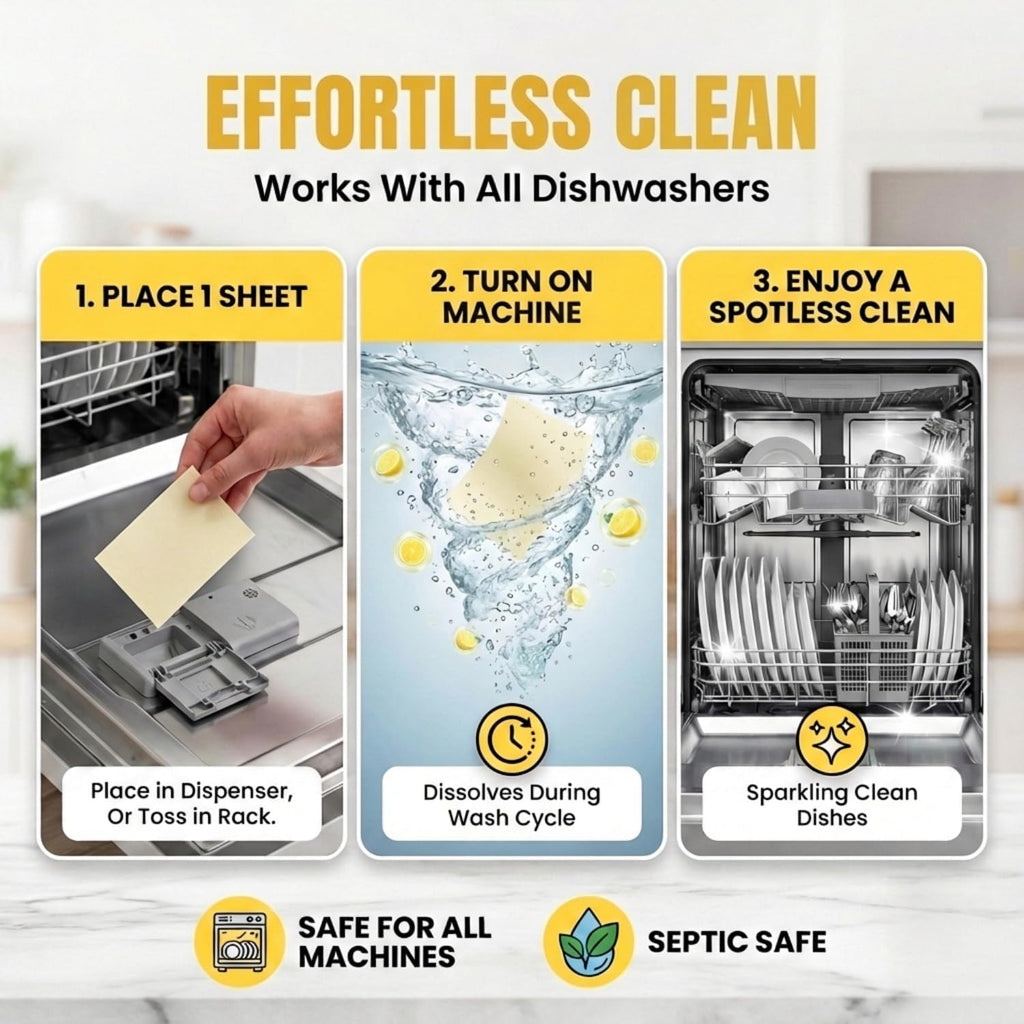 Dishwasher Dishwashing Detergent Sheets, Dish Soap & Dishwasher Tablets Alternative. Plant-Based, Eco-Friendly, Fully