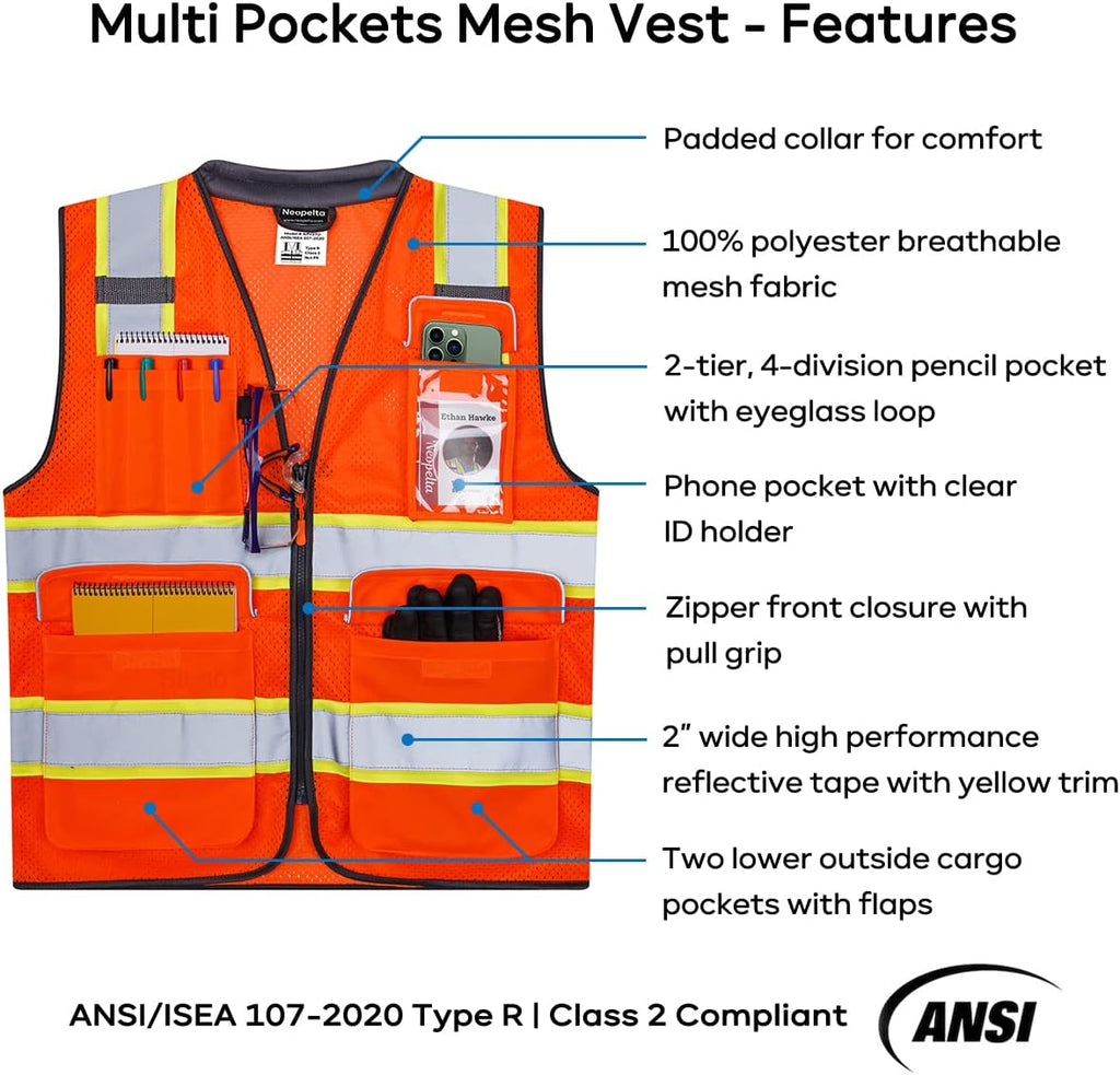 Hi Vis Reflective Safety Vest for Men Women Orange Mesh/Yellow XL | High Visibility Construction Work Vest with