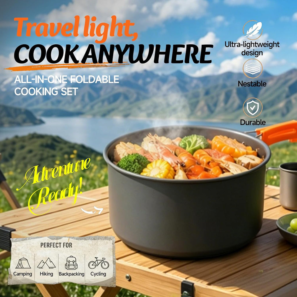 Camping Cookware, 10-Piece Non-Stick Foldable Mess Kit with Kettle | Crafted from durable anodized aluminum;