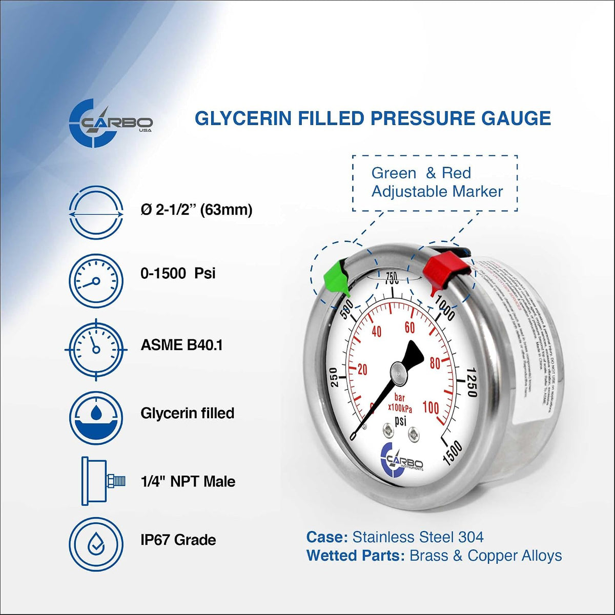 Pressure Gauge, 2.5" Dial, 1500 PSI