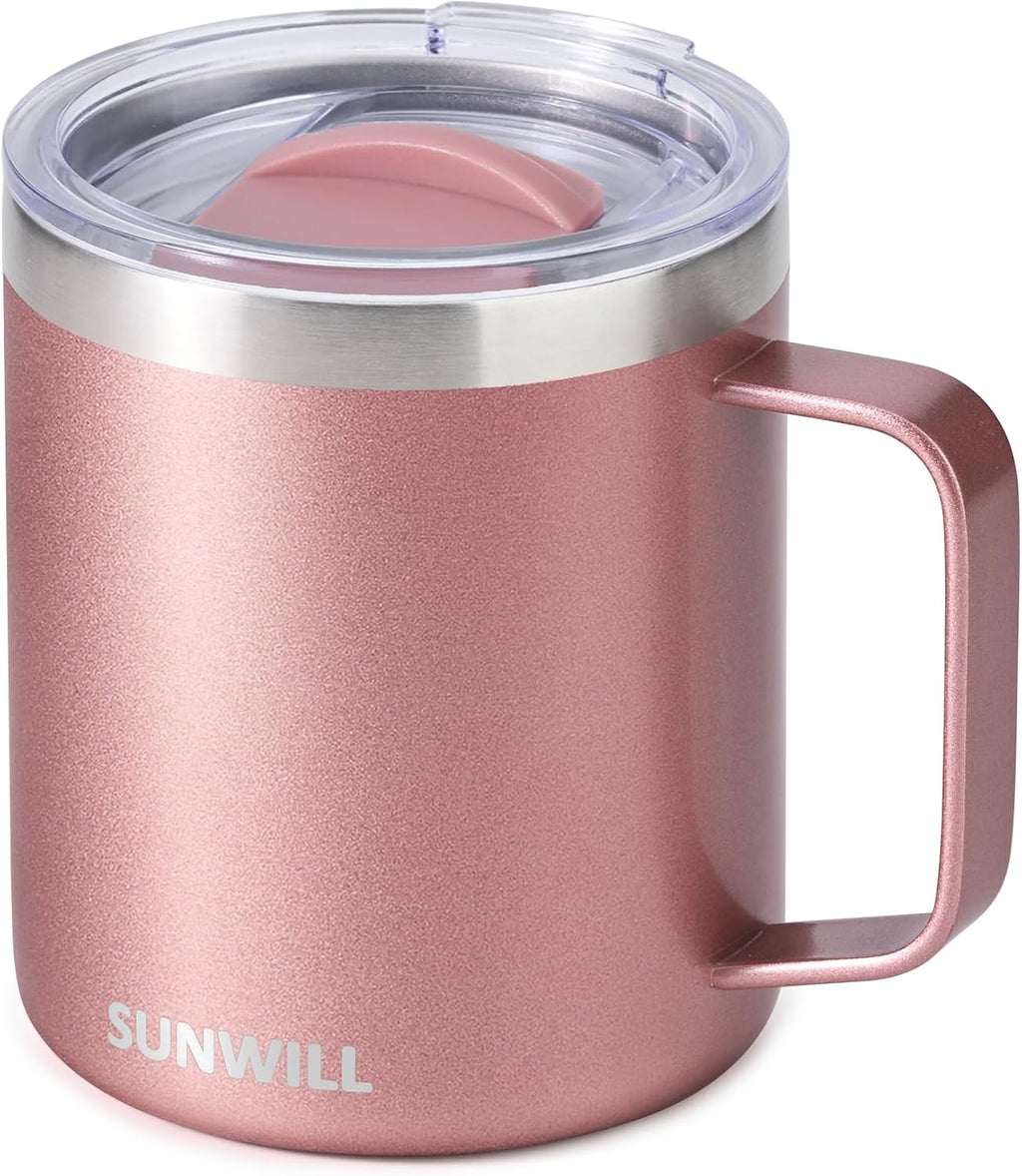 Travel Coffee Mug with Lid, Insulated Tumbler with Handle, 14 oz Stainless Steel Cup for Ice, Water, Tea, Rose Gold
