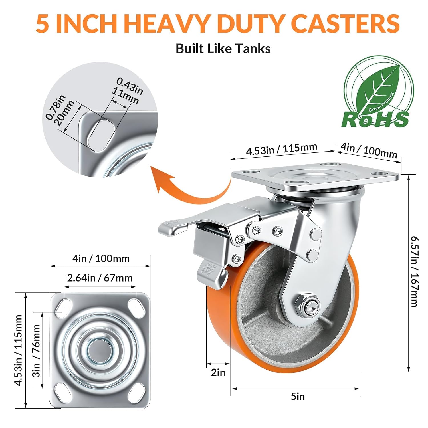 5" Caster Wheels, Heavy-Duty Casters Set 4 - Total Locking with Swivel | 4200 LBS Load, Non-Marking Polyurethane on