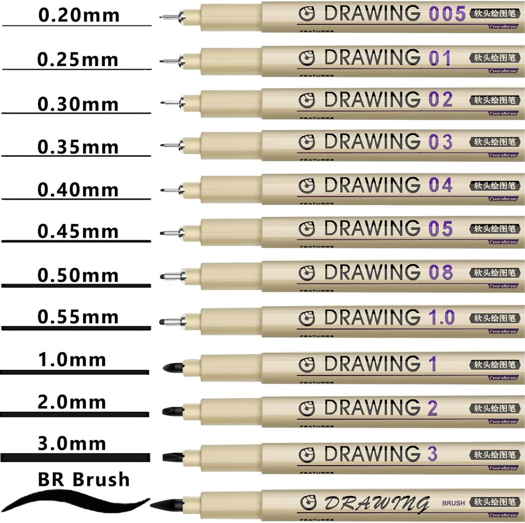 Muchcute Micro Fineliner Drawing Art Pens: 12 Black Fine Line Waterproof Ink Set Artist Supplies Archival Inking