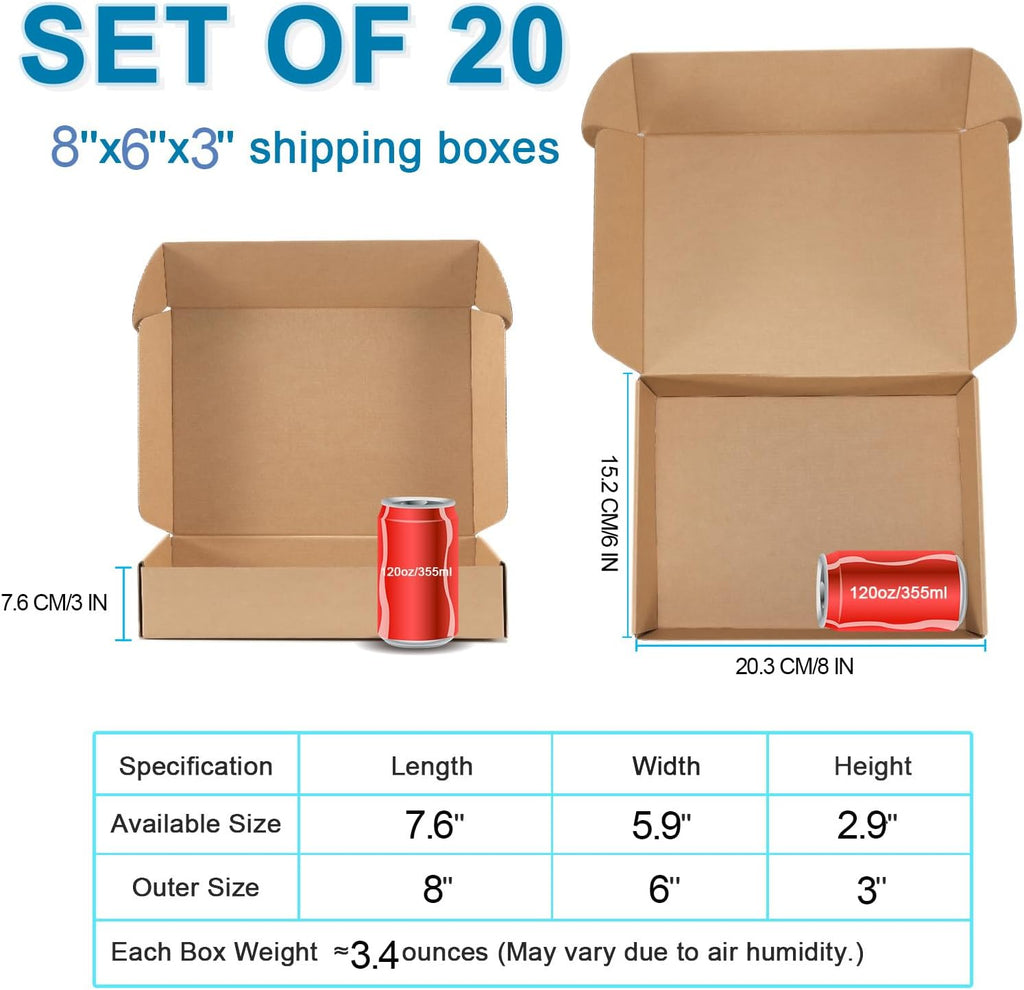 Kraft Brown Shipping Boxes 8x6x3 Inches, 20 Pack