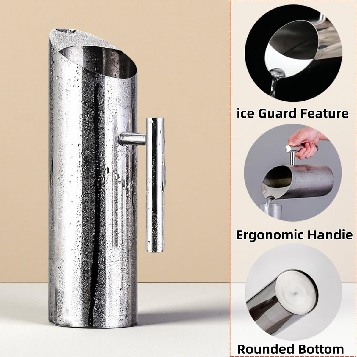 53oz Stainless Steel Water Pitcher with Handle, Ice Guard Carafe for Drinks