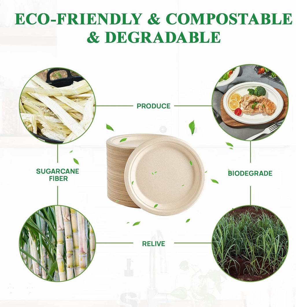 150 Pack Compostable Bagasse Paper Plates 9 inch, Nature