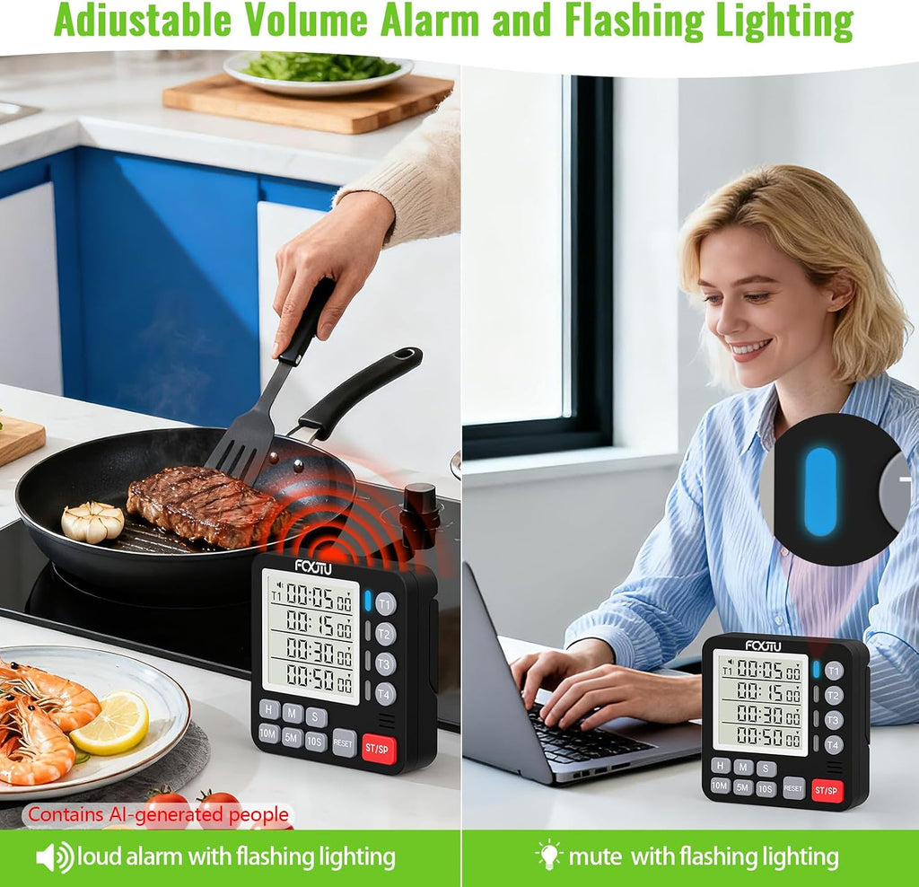 Digital Dual Kitchen Timer, 4-Channel Magnetic Countdown Timer for Cooking