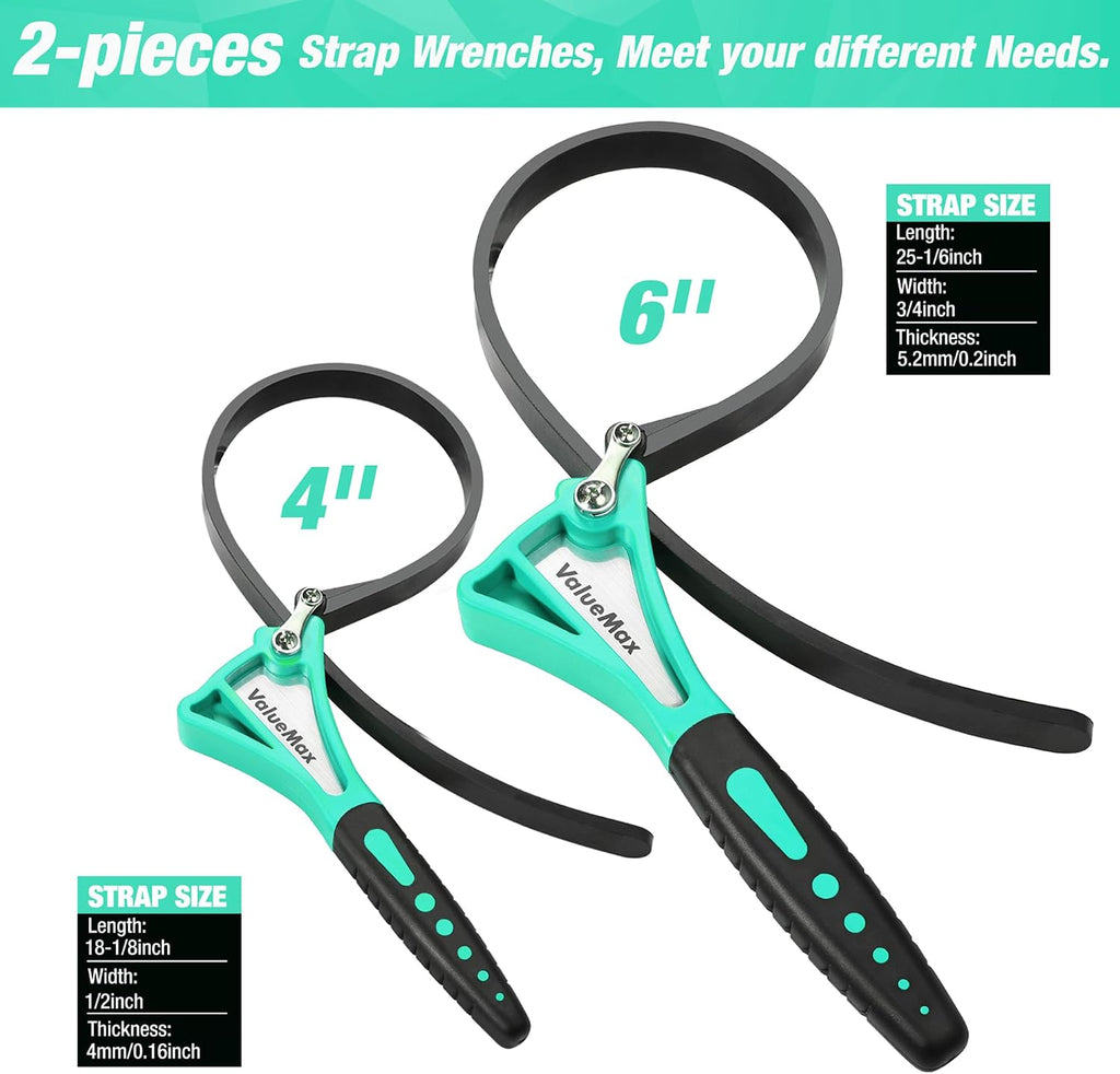 Oil Filter Wrench, 2 piece Rubber Strap Wrench Set, Jar Opener | 4" (Small) and 6"(Large), Adjustable, No Scratch