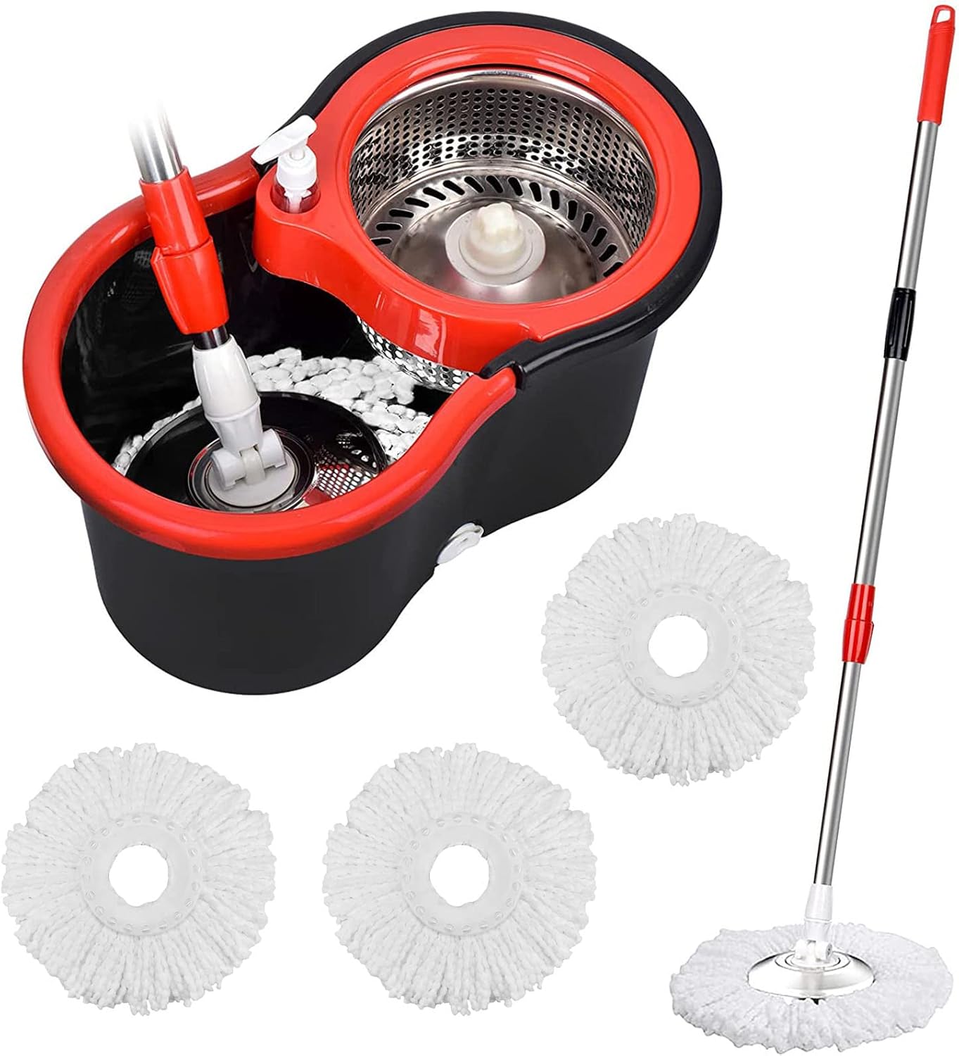 Mop and Bucket Set, 360° Spin Mop and Bucket with Wringer Set and 3 Microfiber Mop Refills, Stainless Steel 61"