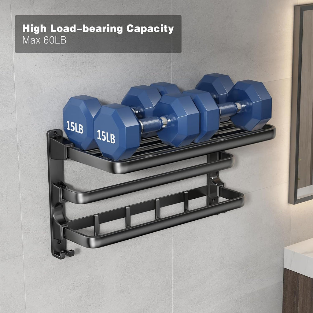 24-Inch Towel Rack,Bathroom Towel Shelf with 2 Towel Bar Foldable Towel Holder with 7 Hooks Towel Storage Organizer