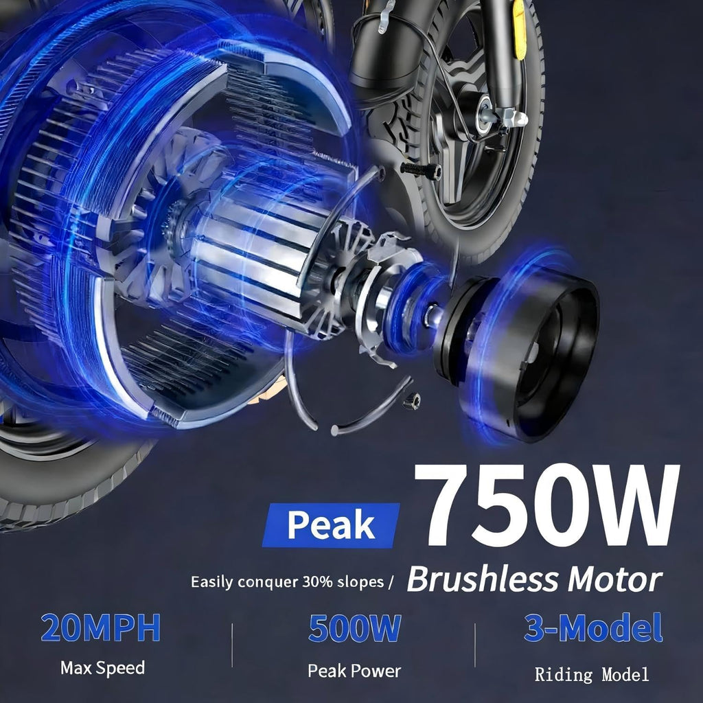 Folding Electric Bike for Adults, Peak 750W Motor,20MPH Max Speed Foldable Electric Bicycles,14" Ebike, 48V12AH
