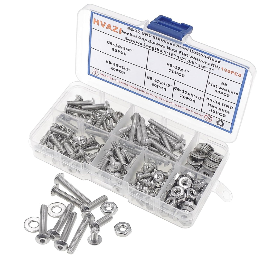 #8-32 UNC 304 SS Button-Head Socket Cap Screws, Nuts & Washers Kit