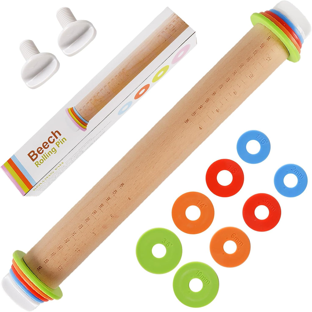 Wood Rolling Pin With 4 Adjustable Thickness Rings, Non-stick Dough Roller For Baking, 17 Inch Pizza Roller For