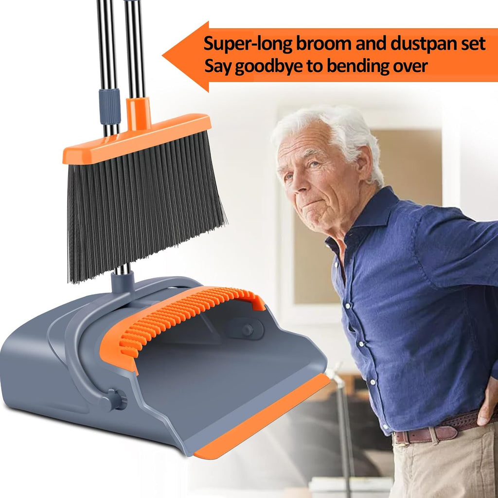Upgrade Broom and Dustpan Set, Self-Cleaning with Dustpan Teeth, Indoor&Outdoor Sweeping, Ideal for Dog Cat Pets Home