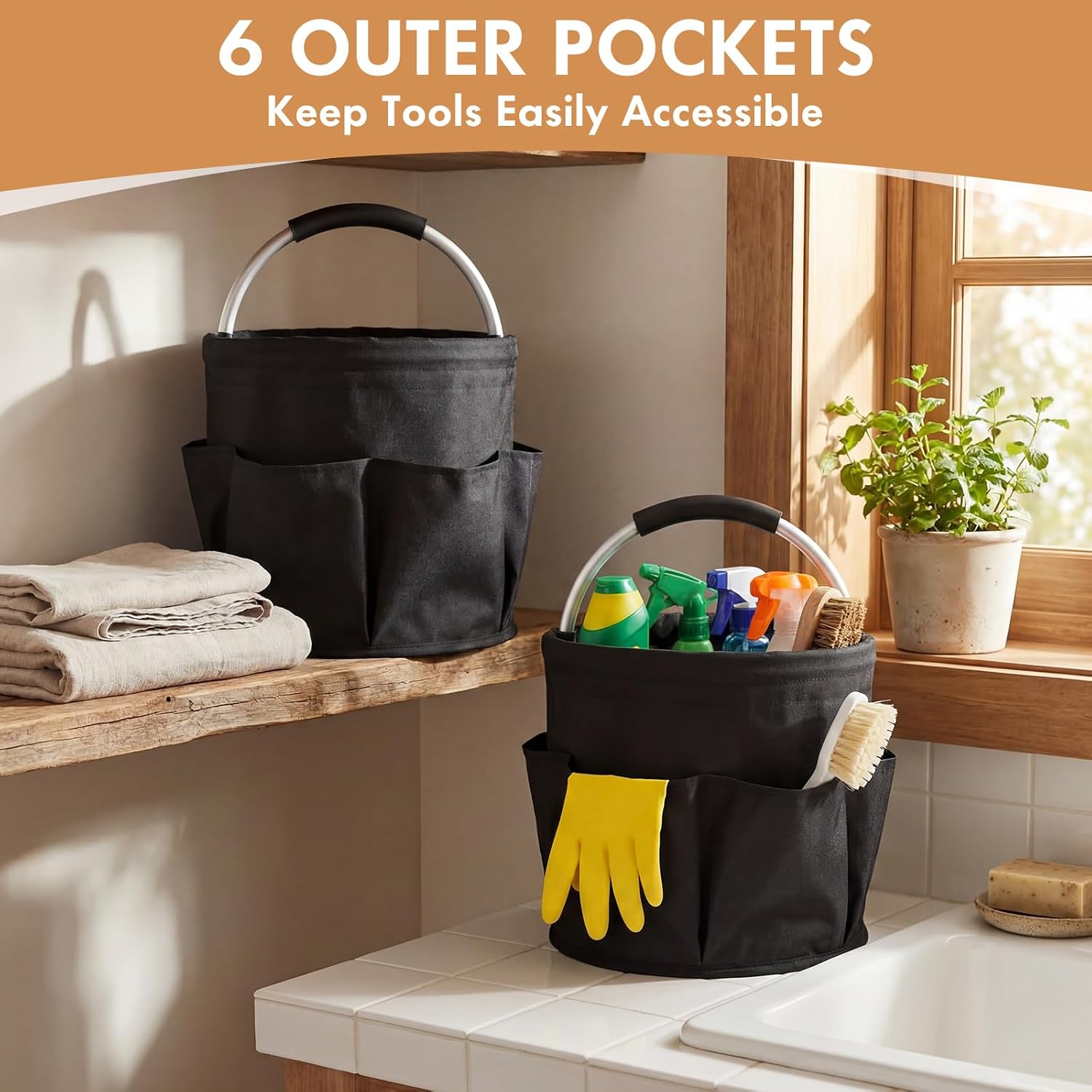 4 Pack Cleaning Caddy with Handle 17L Foldable Cleaning Supplies Organizer Oxford Cloth Storage Basket with 6 Pockets