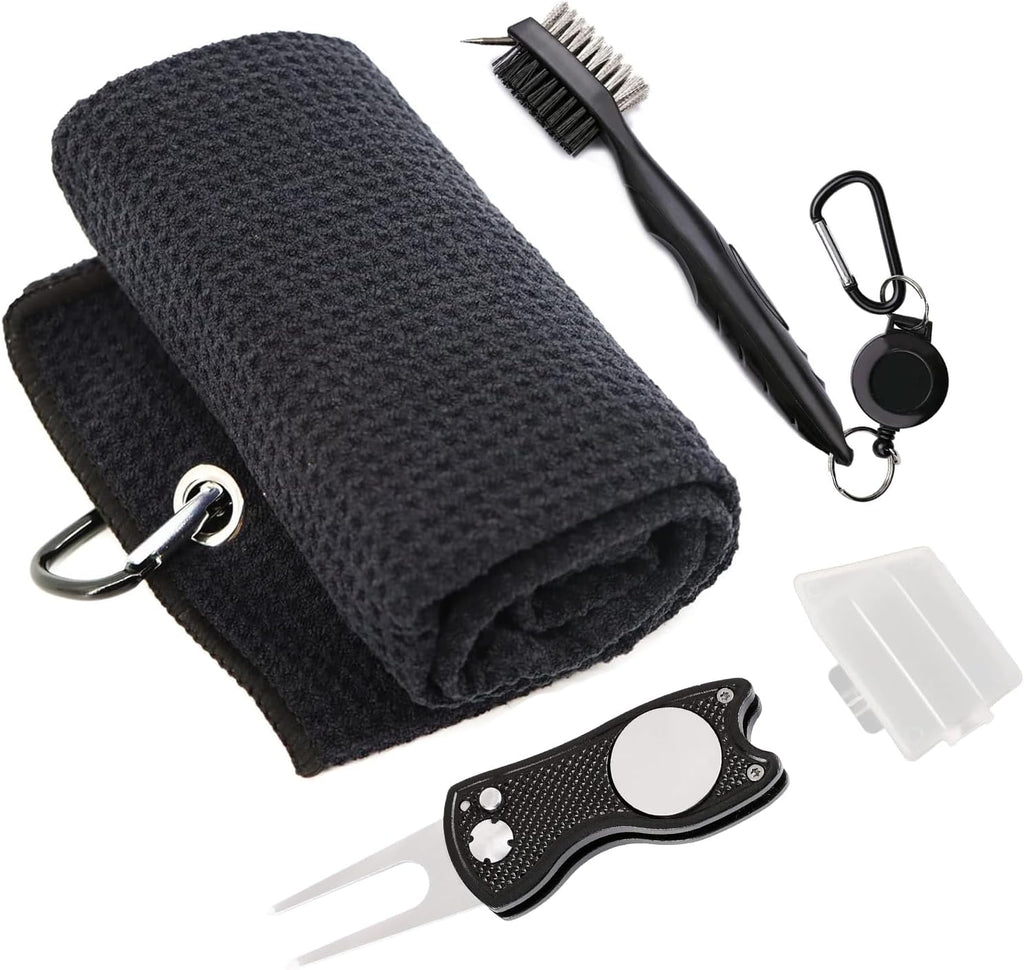 Golf Towel Kit, Foldable Divot Tool with Magnetic Ball Marker & Club Groove Cleaner Brush, Microfiber Waffle Golf