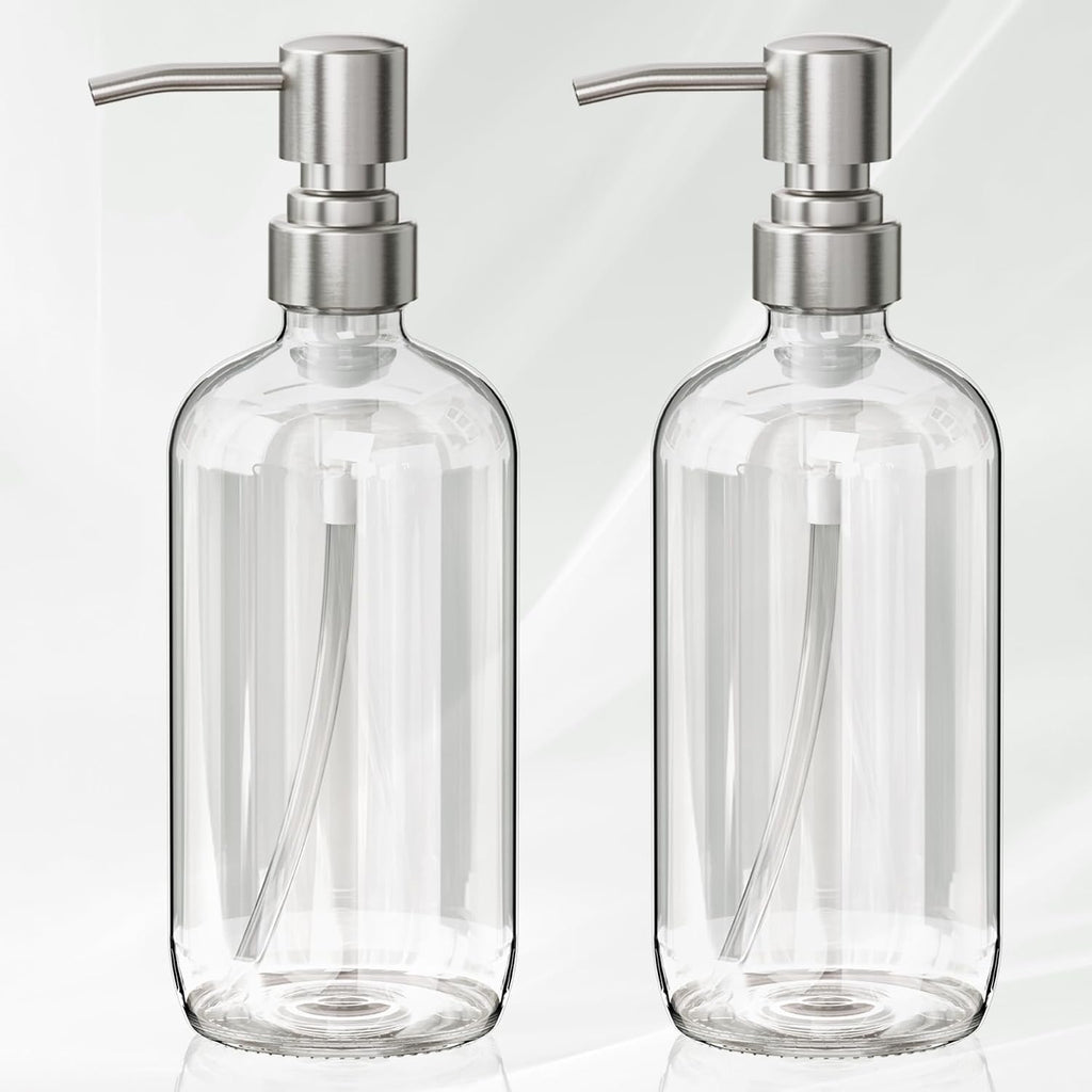 Soap Dispenser, 2 Pack Glass Soap Dispenser with Pump Stainless Steel, 17 Oz Hand Soap Bottles Bathroom Kitchen, Clear