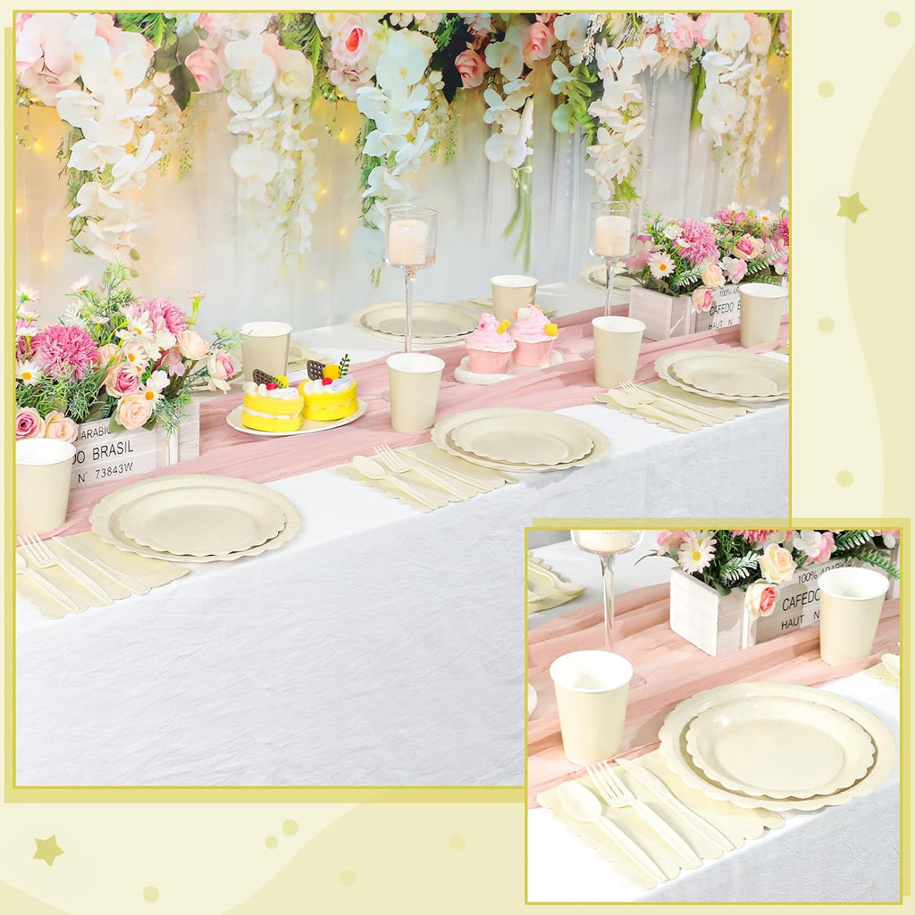 50 Set Disposable Dinnerware Sets Ivory Scalloped Plates Napkins