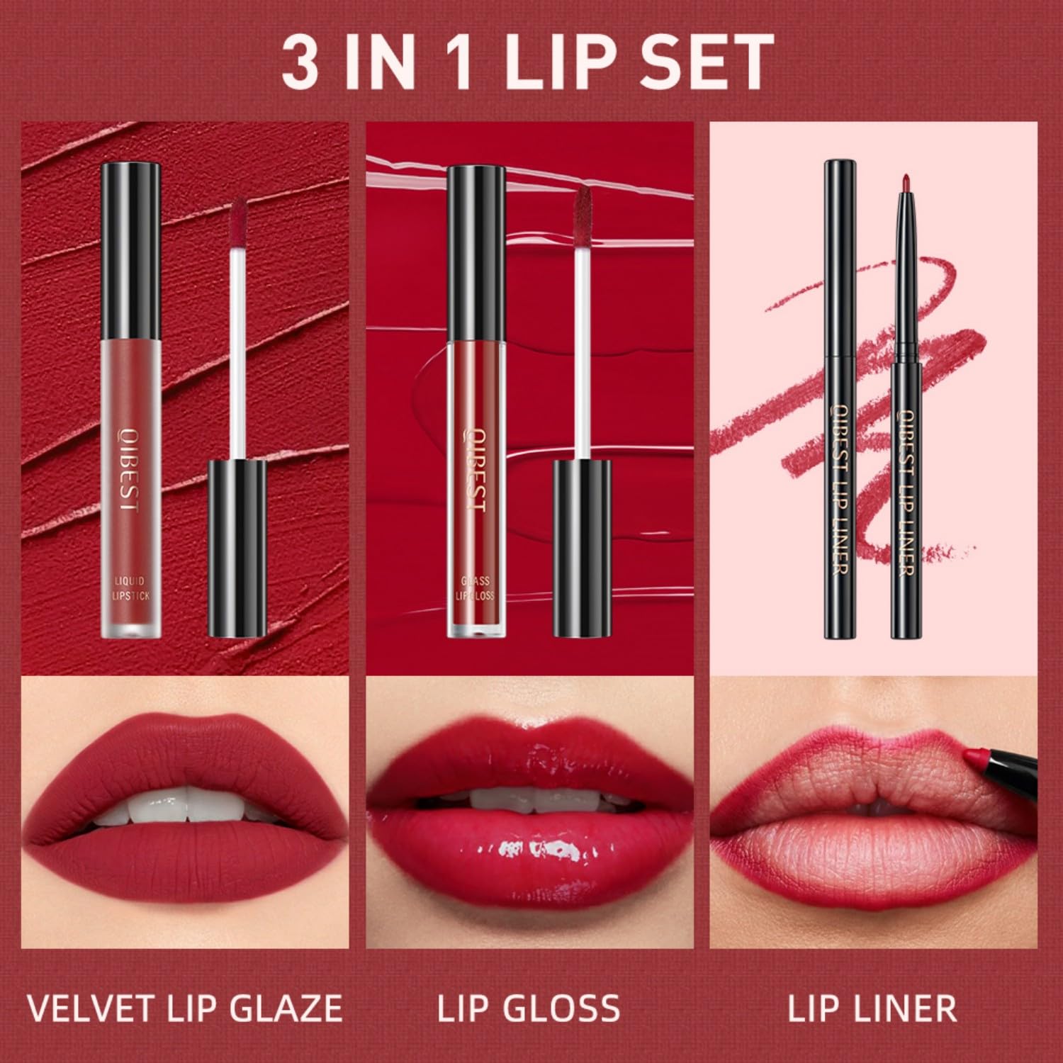 All In One Lip Kit 3 In 1 Smooth Lipliner Lipgloss and Lipstick Set with Matte Velvet Liquid Lipstick Hydrating