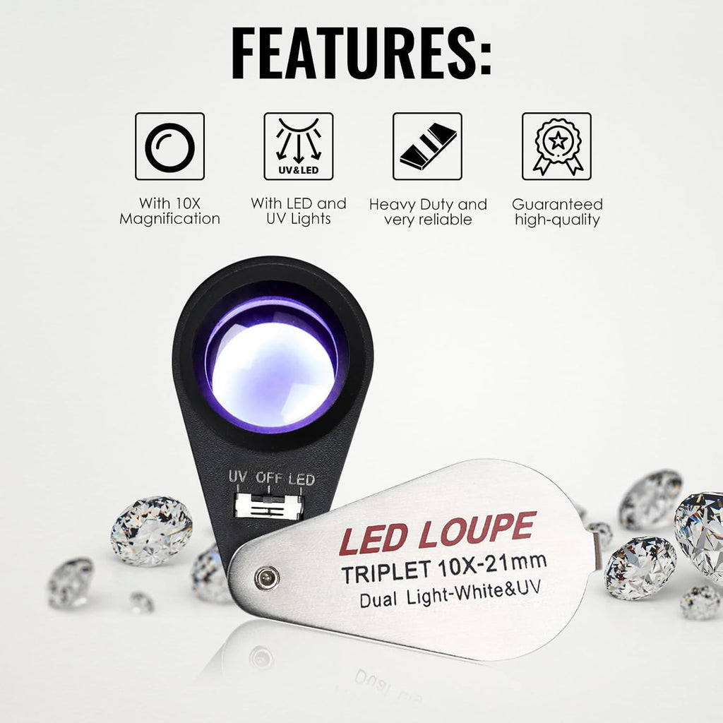 10x Foldable Pocket Magnifier Loupe with UV and LED Light for Jewelry, Rocks, Coins, and Antiques - Illuminated