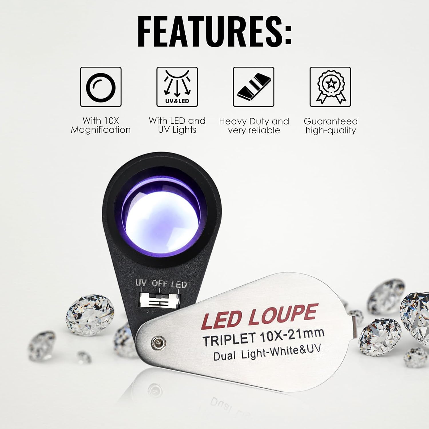10x Foldable Pocket Magnifier Loupe with UV and LED Light for Jewelry, Rocks, Coins, and Antiques - Illuminated