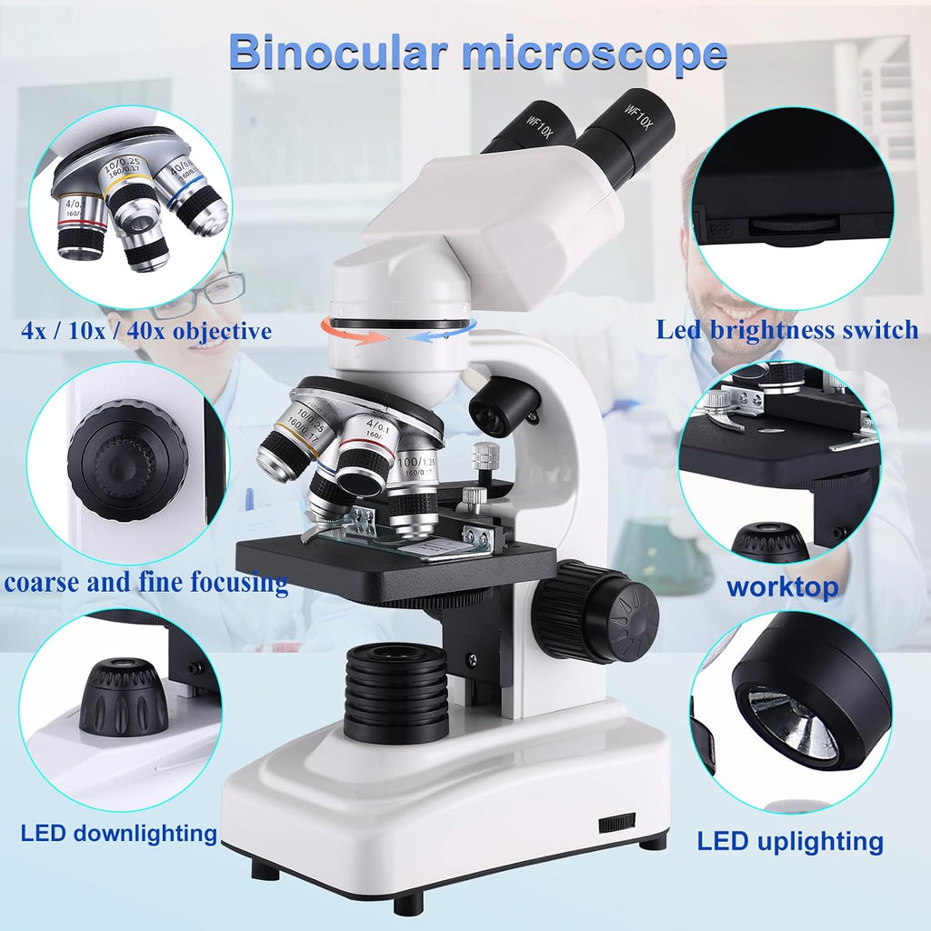 Compound Microscope，40X-2500X ，WF10x and WF25x eyepieces, Dual LED Lighting and Two-Layer Mechanical Stage，Microscope