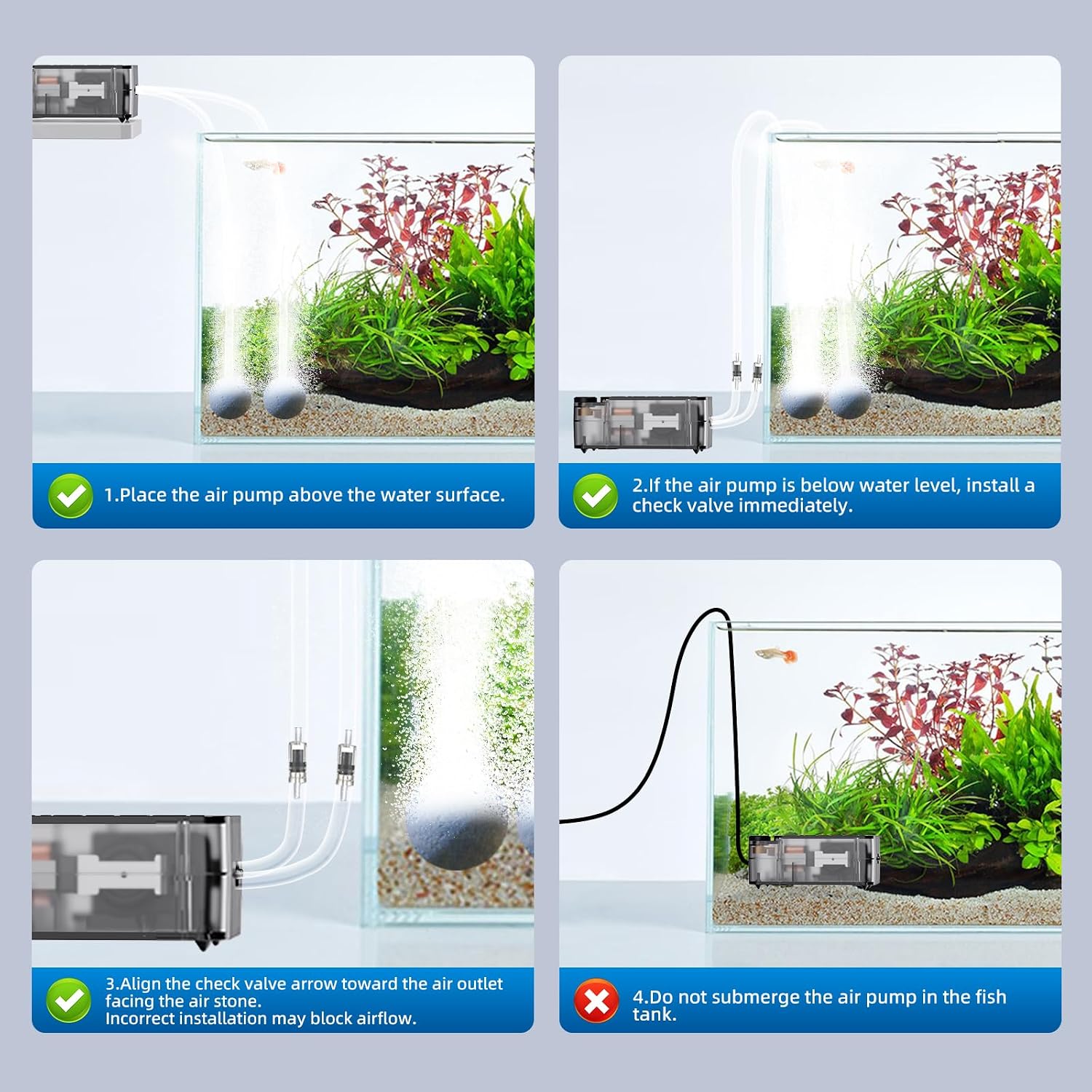 Aquarium Air Pump,Ultra-Quiet/Small Size/More Output Air Pump for Fish Tank 1.5w/29GPH/14Kpa,with Air Stone