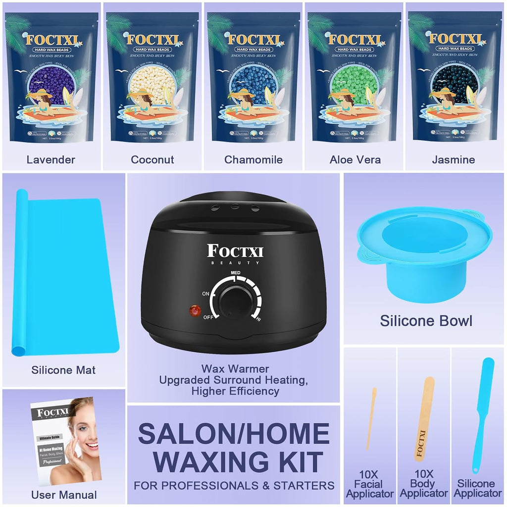 Waxing Kit for Women Men - Hard Wax Kit for Hair Removal with Silicone Bowl, 5 Bags Hard Wax Beads & Accessories