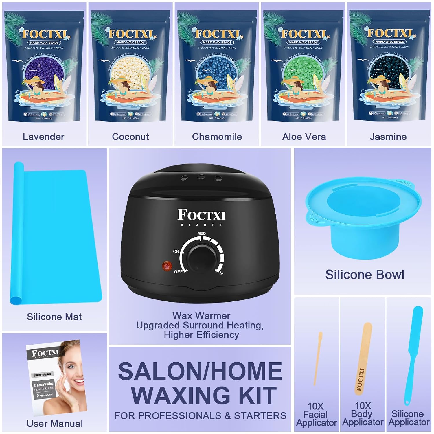 Waxing Kit for Women Men - Hard Wax Kit for Hair Removal with Silicone Bowl, 5 Bags Hard Wax Beads & Accessories