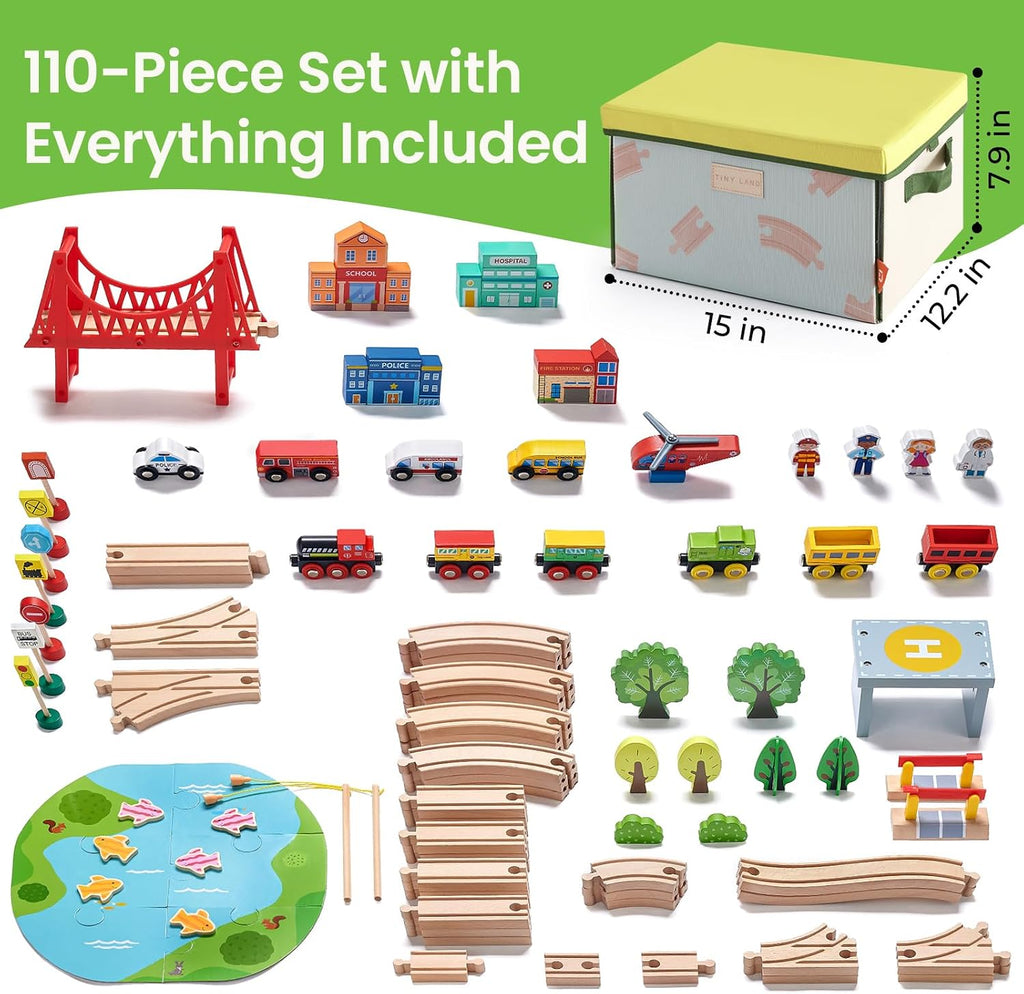 110pcs Wooden Train Set with Folding Storage Box | Wooden Train Track Toy for Boys & Girls, Age 3-7, Includes