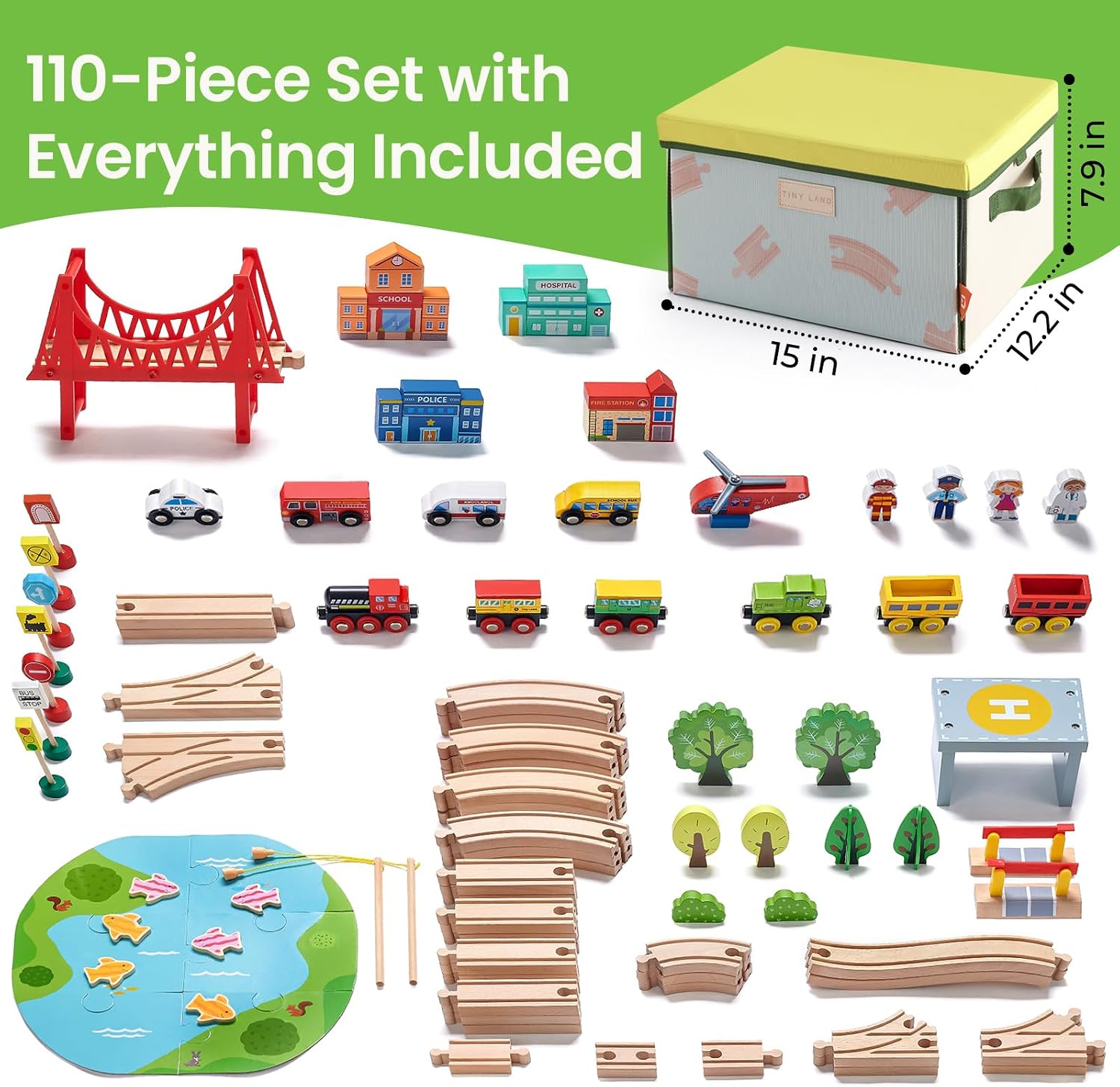 110pcs Wooden Train Set with Folding Storage Box | Wooden Train Track Toy for Boys & Girls, Age 3-7, Includes