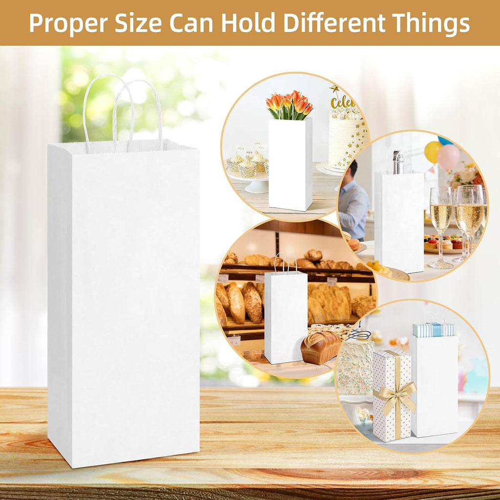 Wine Bags with Handles 5.25x3.25x13 Inch White Paper Bag 50 Pack