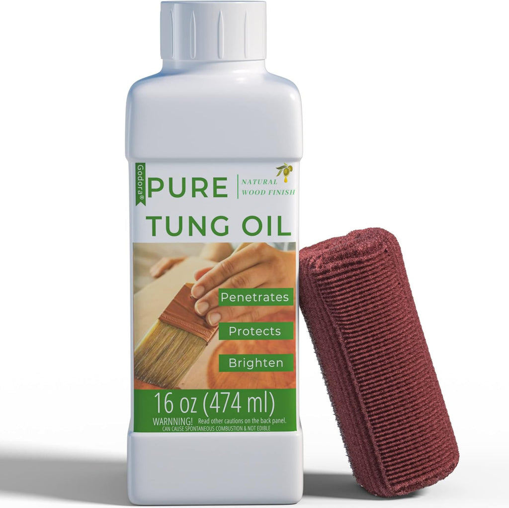16oz 100% Pure Tung Oil, Food Safe Waterproof Wood Finish with Easy Cloth | Deep-penetrating wood sealer enhances